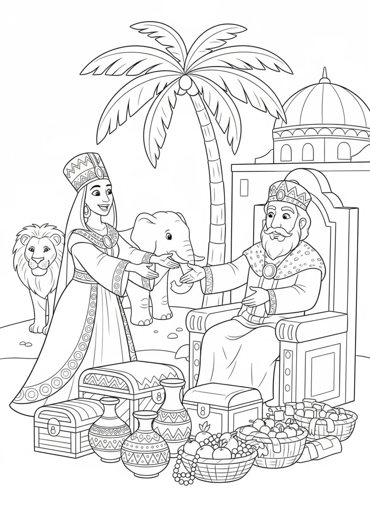 Échange de cadeaux entre Salomon et la Reine, page à colorier Salomon Sagesse Reine de Saba Visite pour enfants de 5 à 10 ans