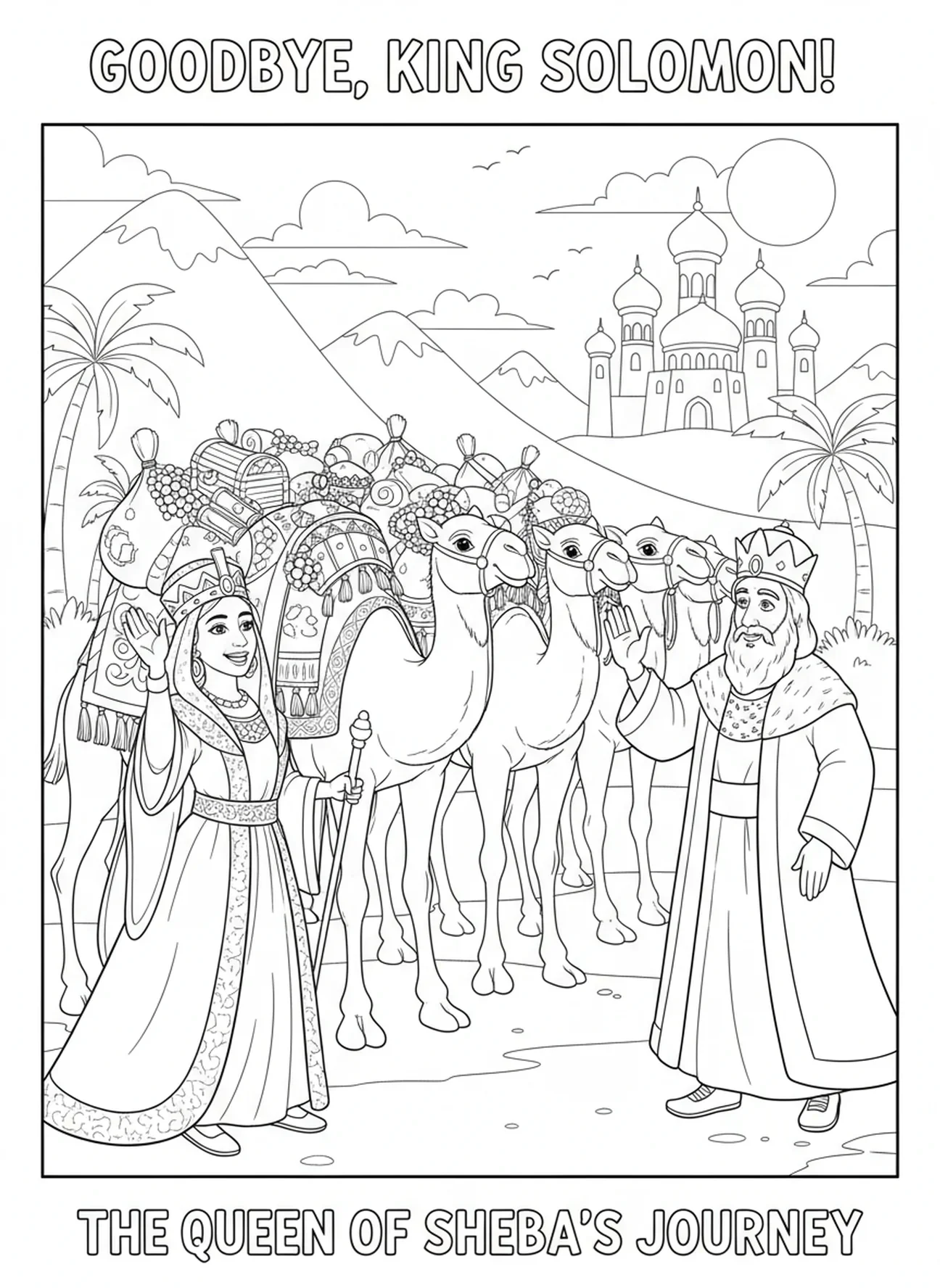La Reine de Saba quittant Jérusalem, page à colorier sur la sagesse de Salomon et la visite de la Reine de Saba pour les enfants de 5 à 10 ans