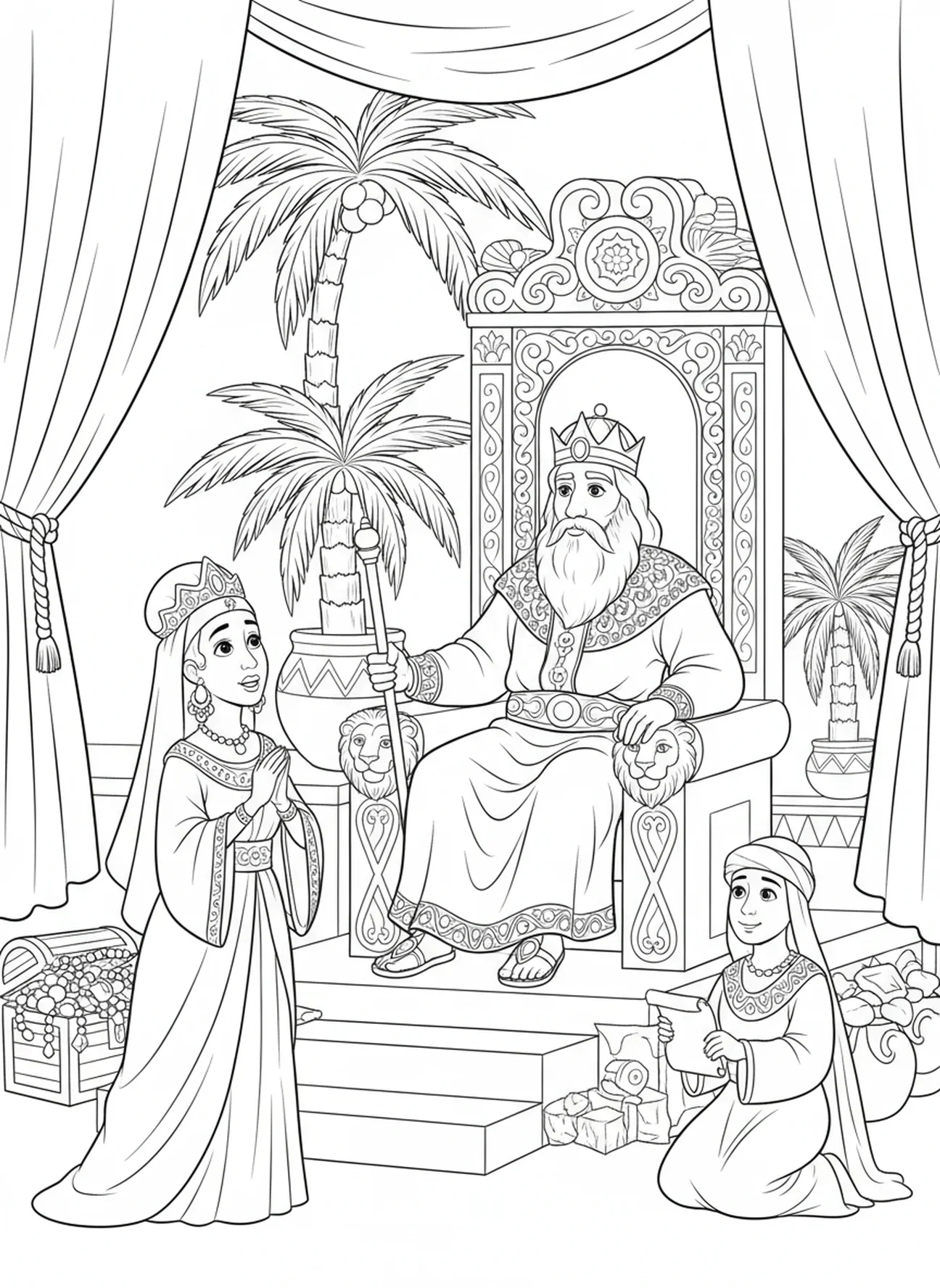 Le roi Salomon sur son trône, page à colorier de la visite de la reine de Saba pour les enfants de 5 à 10 ans
