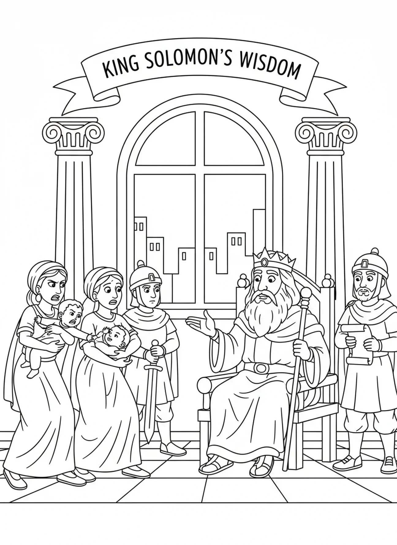La célèbre scène de jugement de Salomon, page à colorier sur la sagesse de Salomon et la visite de la Reine de Saba pour les enfants de 5 à 10 ans