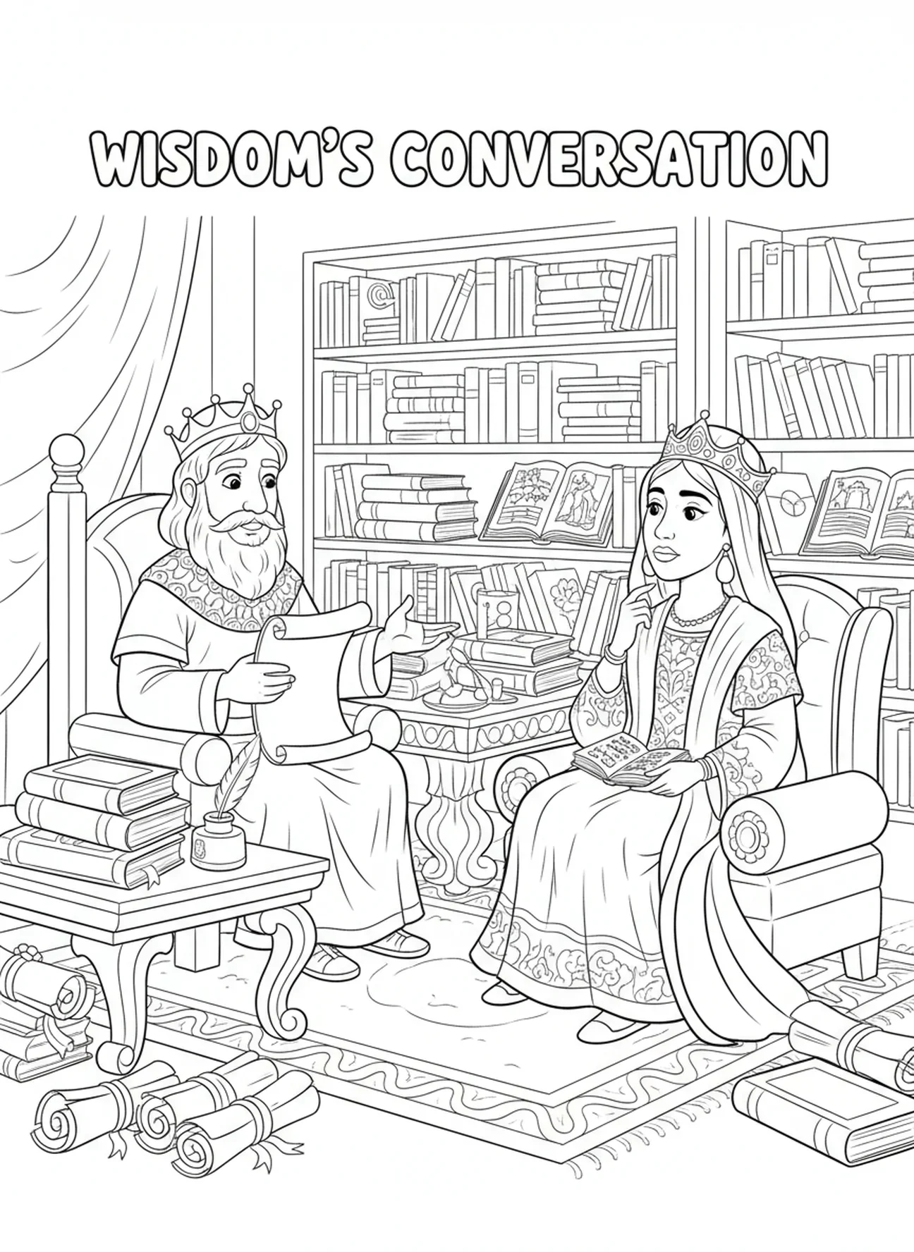 Salomon discutant de la sagesse, page à colorier Salomon Sagesse Visite de la Reine de Saba pour les enfants de 5 à 10 ans