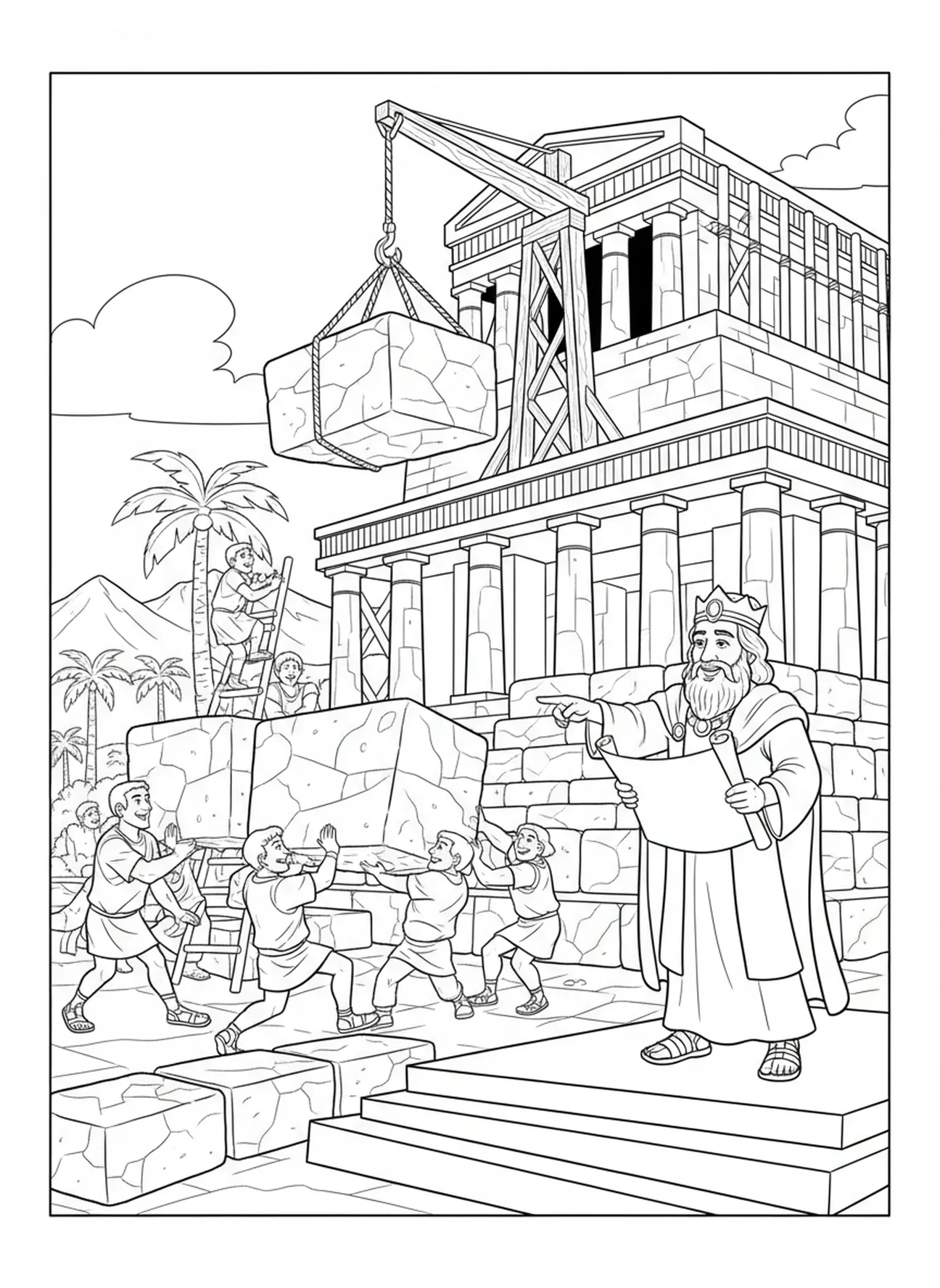 Trabajadores construyendo el templo, página para colorear del Templo de Salomón y la Sabiduría de Salomón para niños de 5 a 10 años
