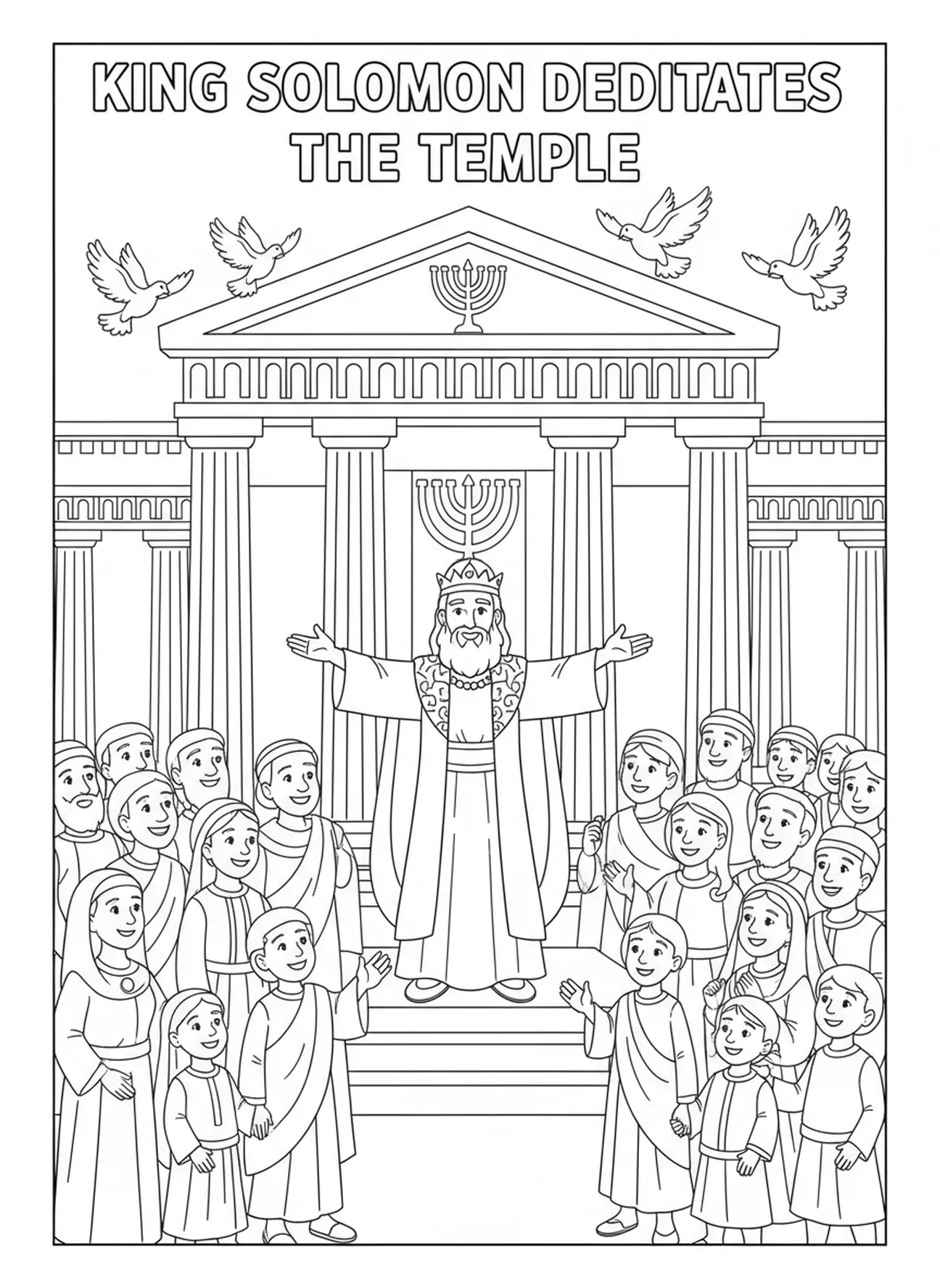 El Rey Salomón en la ceremonia de dedicación, página para colorear del Templo de Salomón y su sabiduría para niños de 5 a 10 años