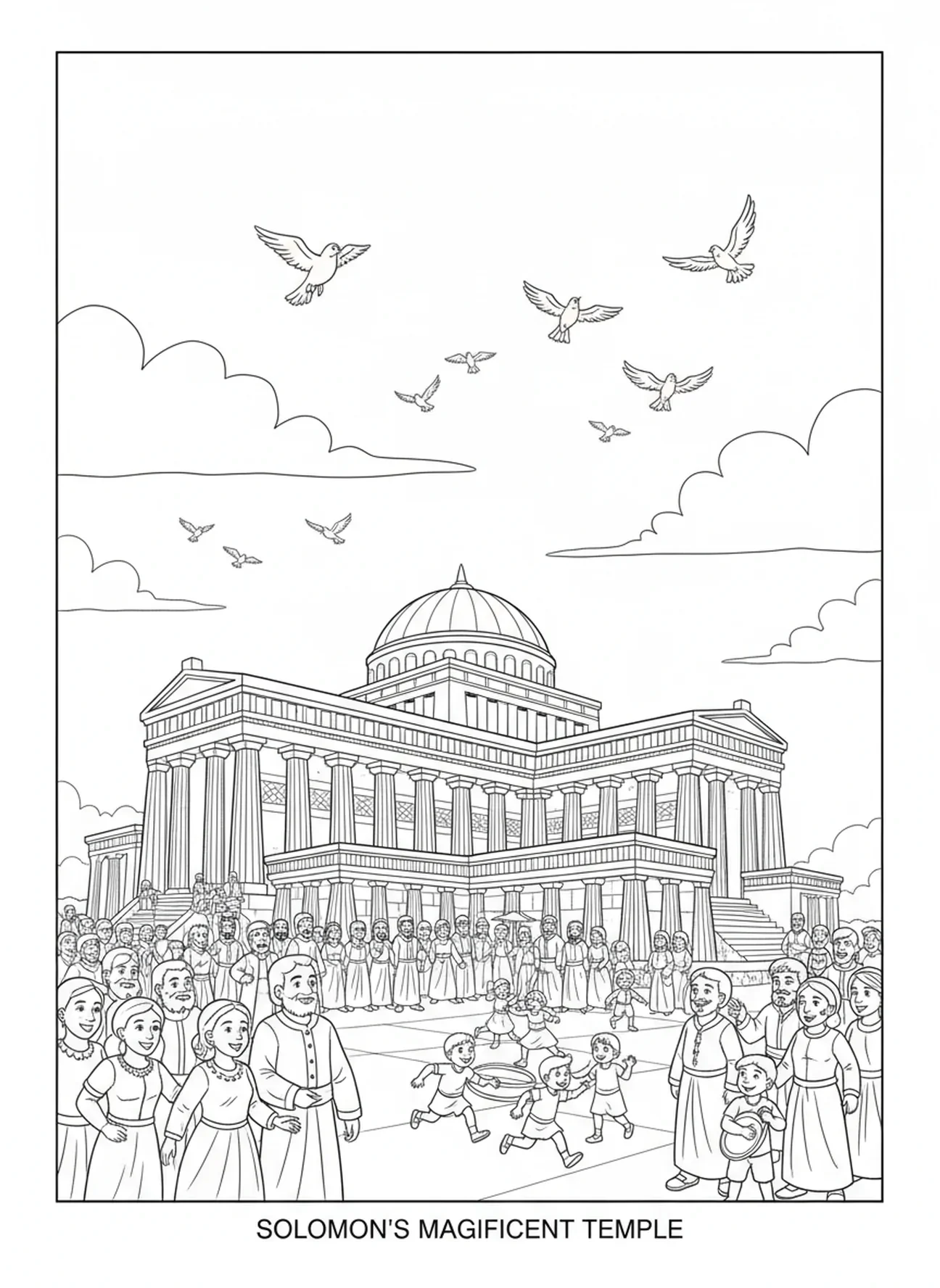 Página para colorear del Templo de Salomón completado, Sabiduría de Salomón, Templo de Salomón construido para niños de 5 a 10 años