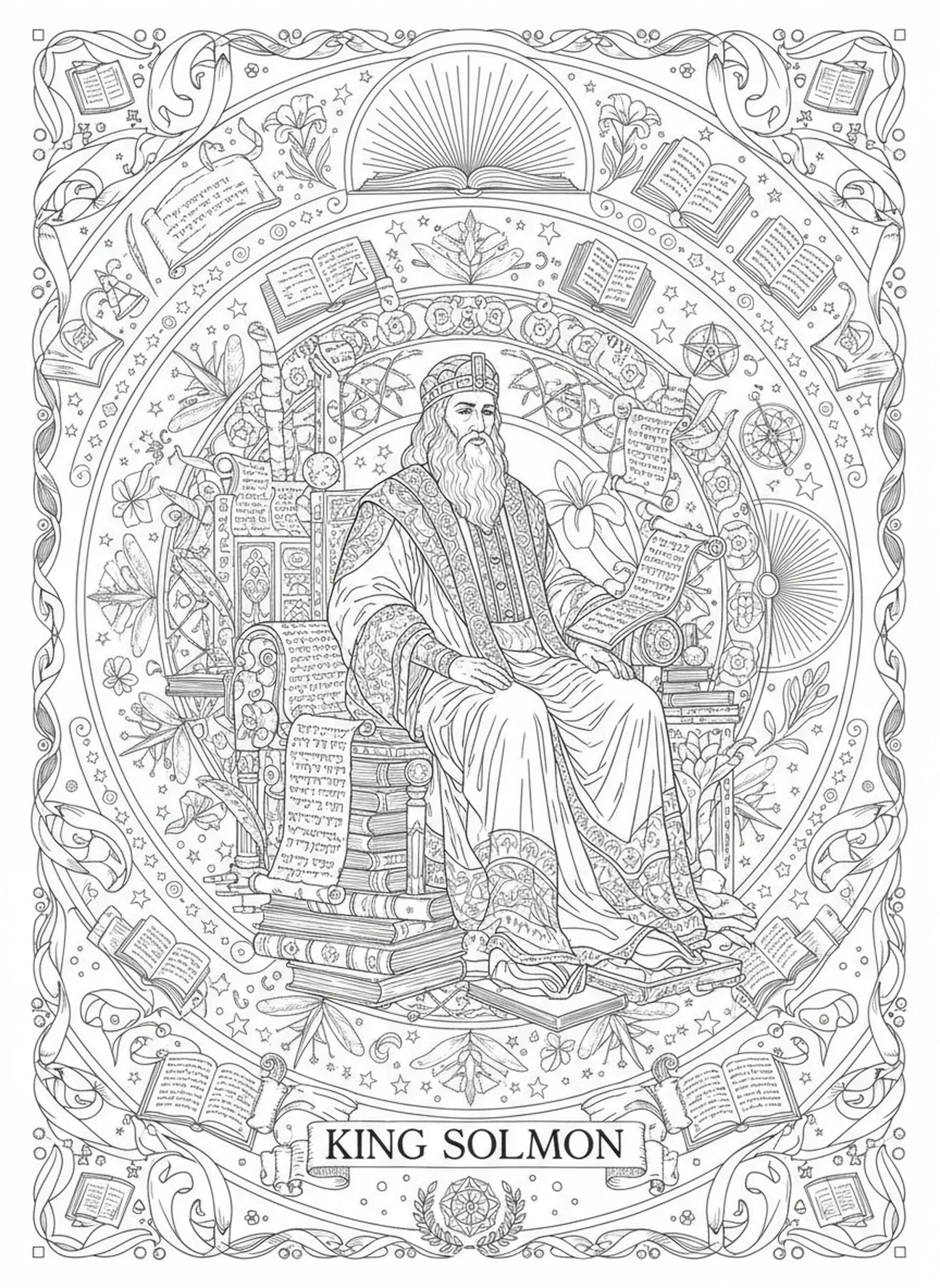 Salomon otoczony zwojami, kolorowanka o mądrości Salomona w stylu dziennika biblijnego dla dorosłych.