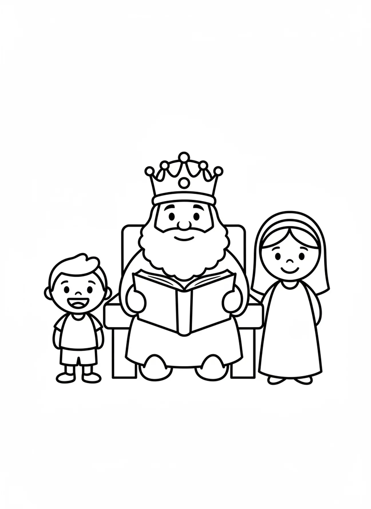 König Salomo mit Buch, Ausmalbild von Salomos Weisheit für Vorschulkinder im Alter von 3-5 Jahren