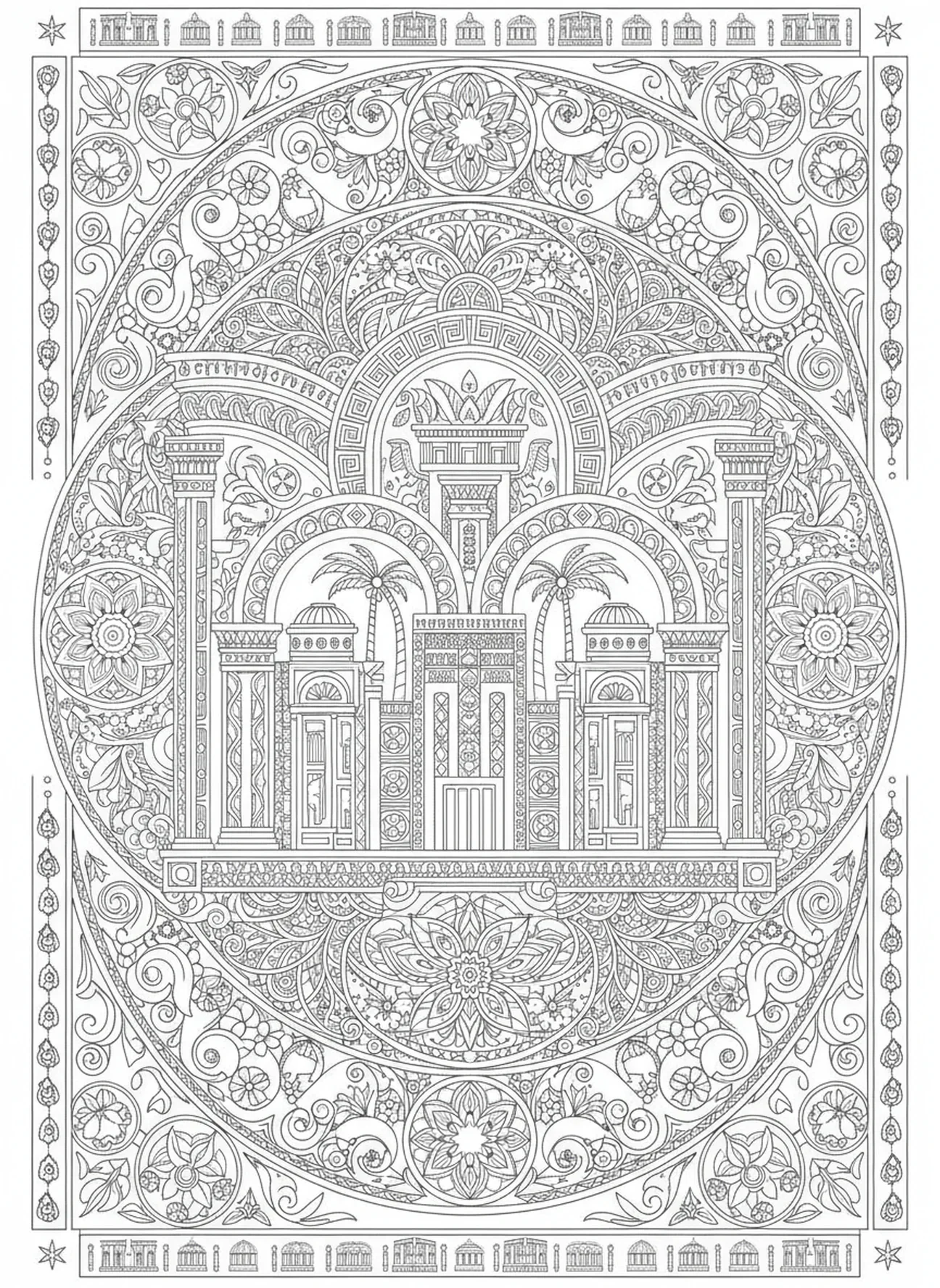 Aufwendige Bögen, Ausmalbild des Tempels Salomos im Stil des Bibel-Journaling für Erwachsene
