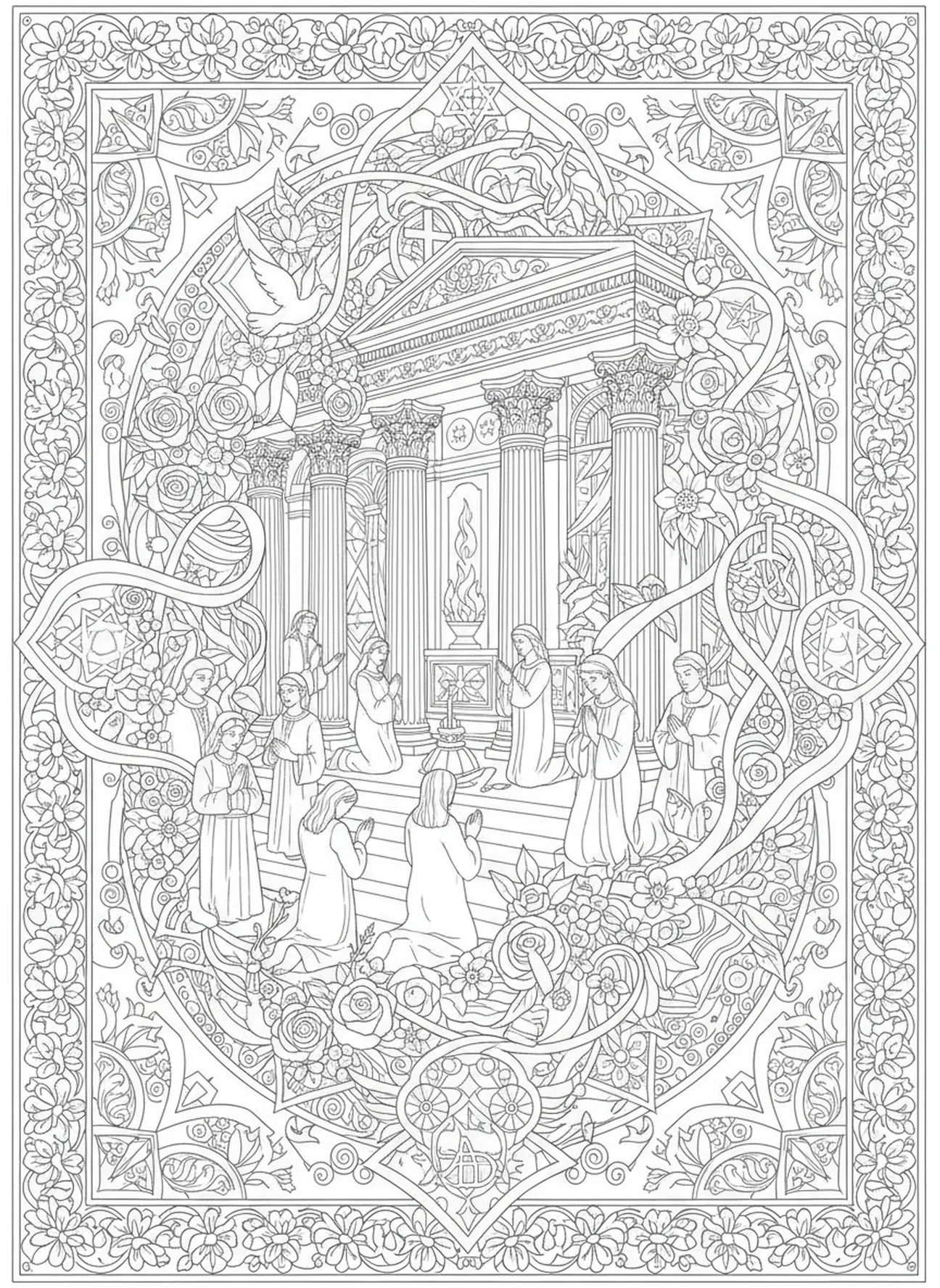Anbeter beten, Ausmalbild von Salomos Tempel im Stil des Bibeljournaling für Erwachsene