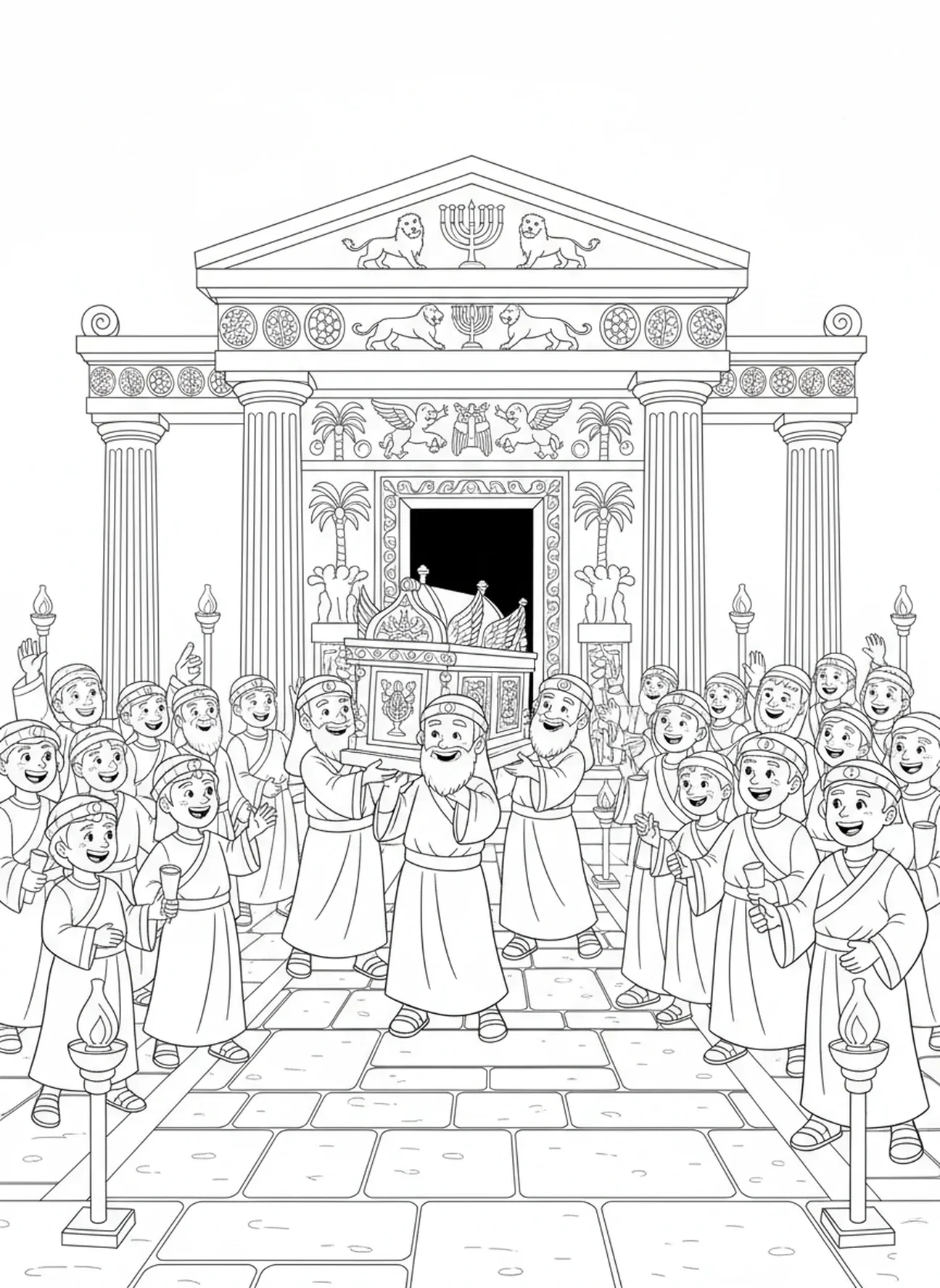 Priester tragen die Bundeslade, Ausmalbild für die Sonntagsschule für Kinder im Alter von 5-12 Jahren