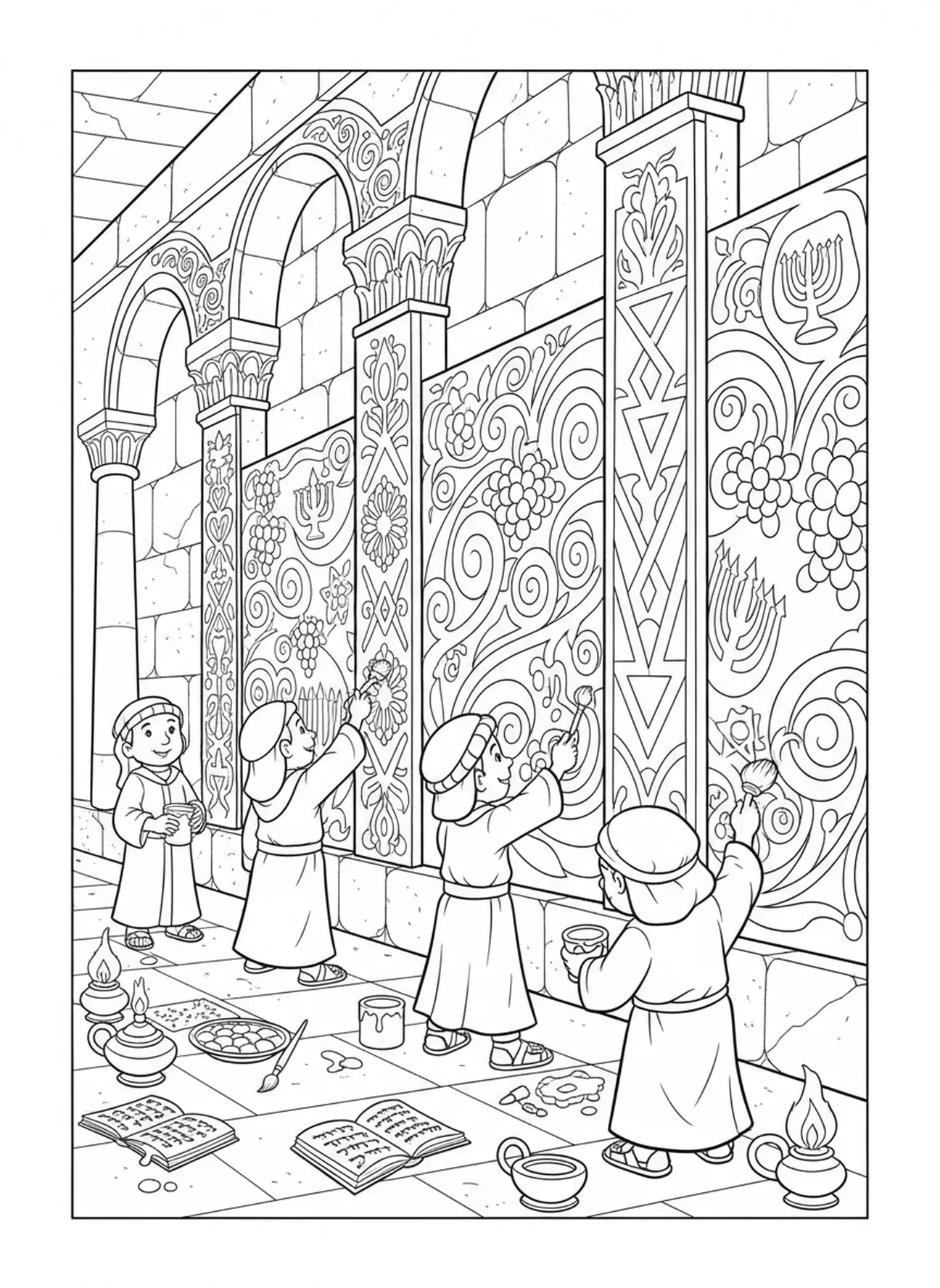 Handwerker, die die Wände des Tempels dekorieren, Ausmalbild von Salomos Tempel für Kinder in der Sonntagsschule im Alter von 5-12 Jahren