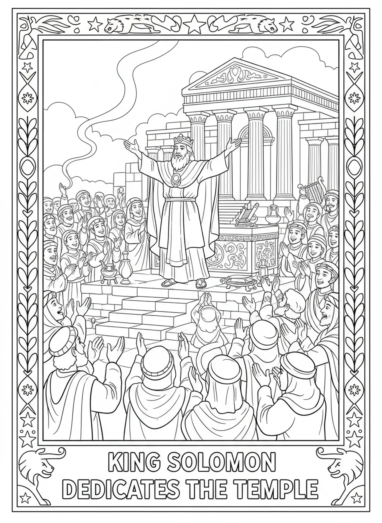 König Salomo weiht den Tempel, Malvorlage zum Tempel Salomos für Sonntagsschulkinder im Alter von 5-12 Jahren