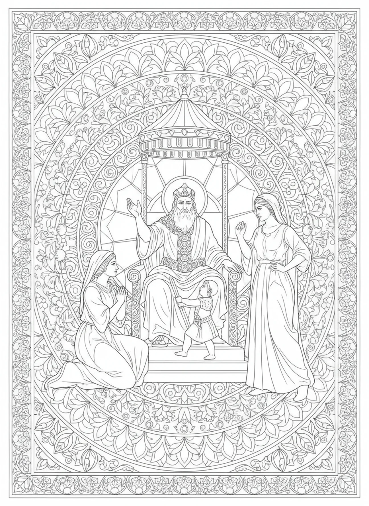 Momento da decisão de dividir o bebê, página para colorir da Sabedoria de Salomão no estilo de journaling bíblico para adultos.