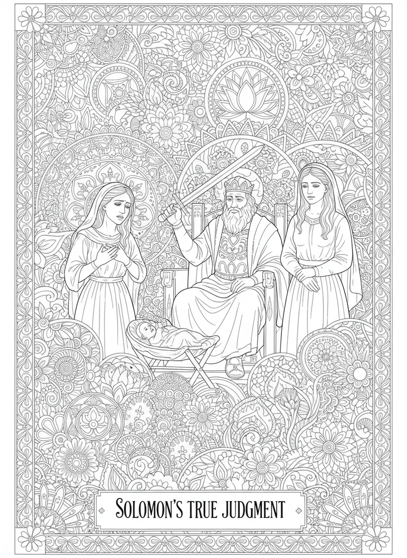 Reação emocional da verdadeira mãe, página para colorir do Trono da Sabedoria de Salomão no estilo de journaling bíblico para adultos.