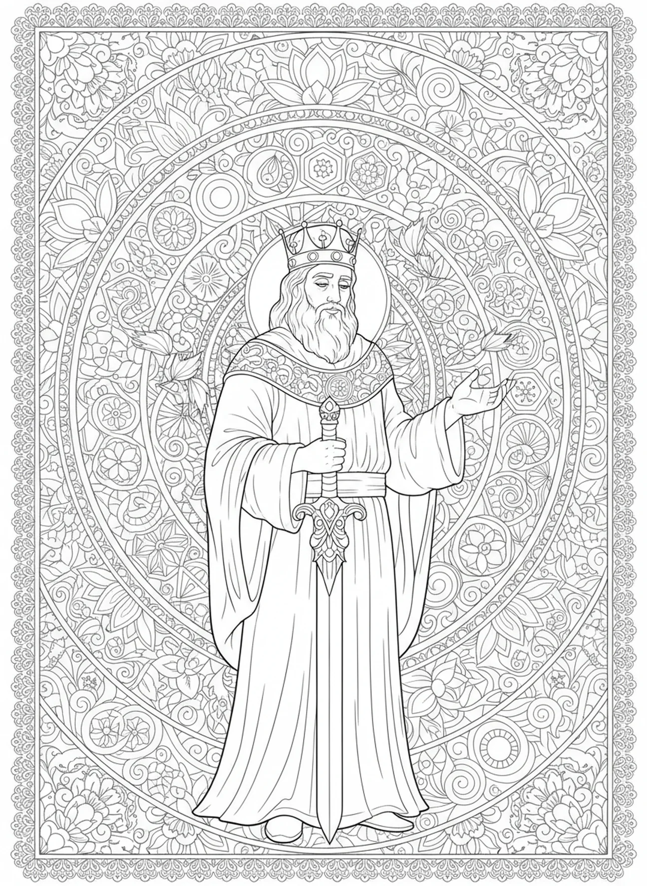 Salomão com uma espada para julgamento, página de colorir do Trono da Sabedoria de Salomão no estilo de diário bíblico para adultos.