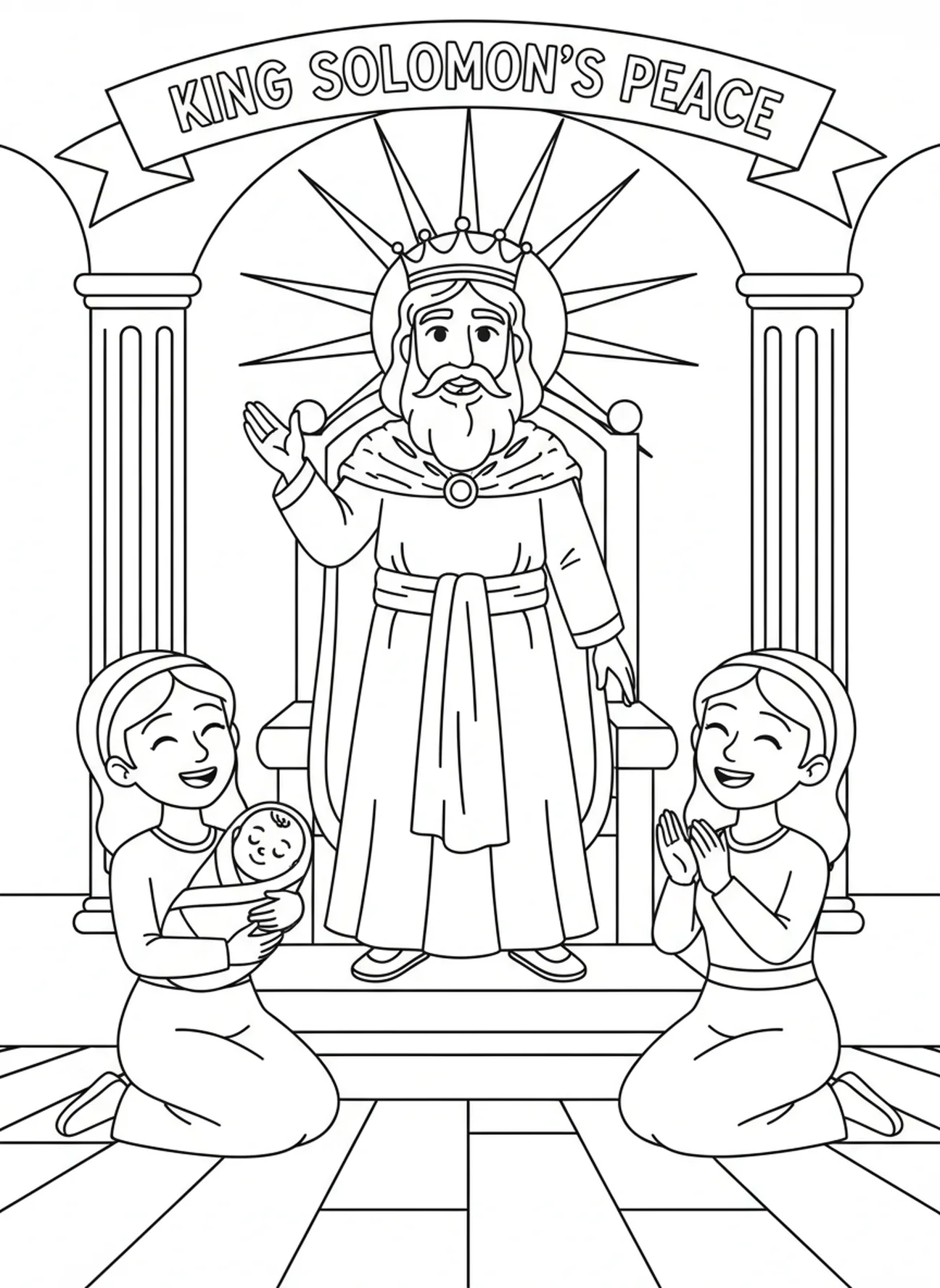 König Salomo lächelt, Ausmalbild des Salomos Weisheitsthron für Kinder im Alter von 5-10 Jahren