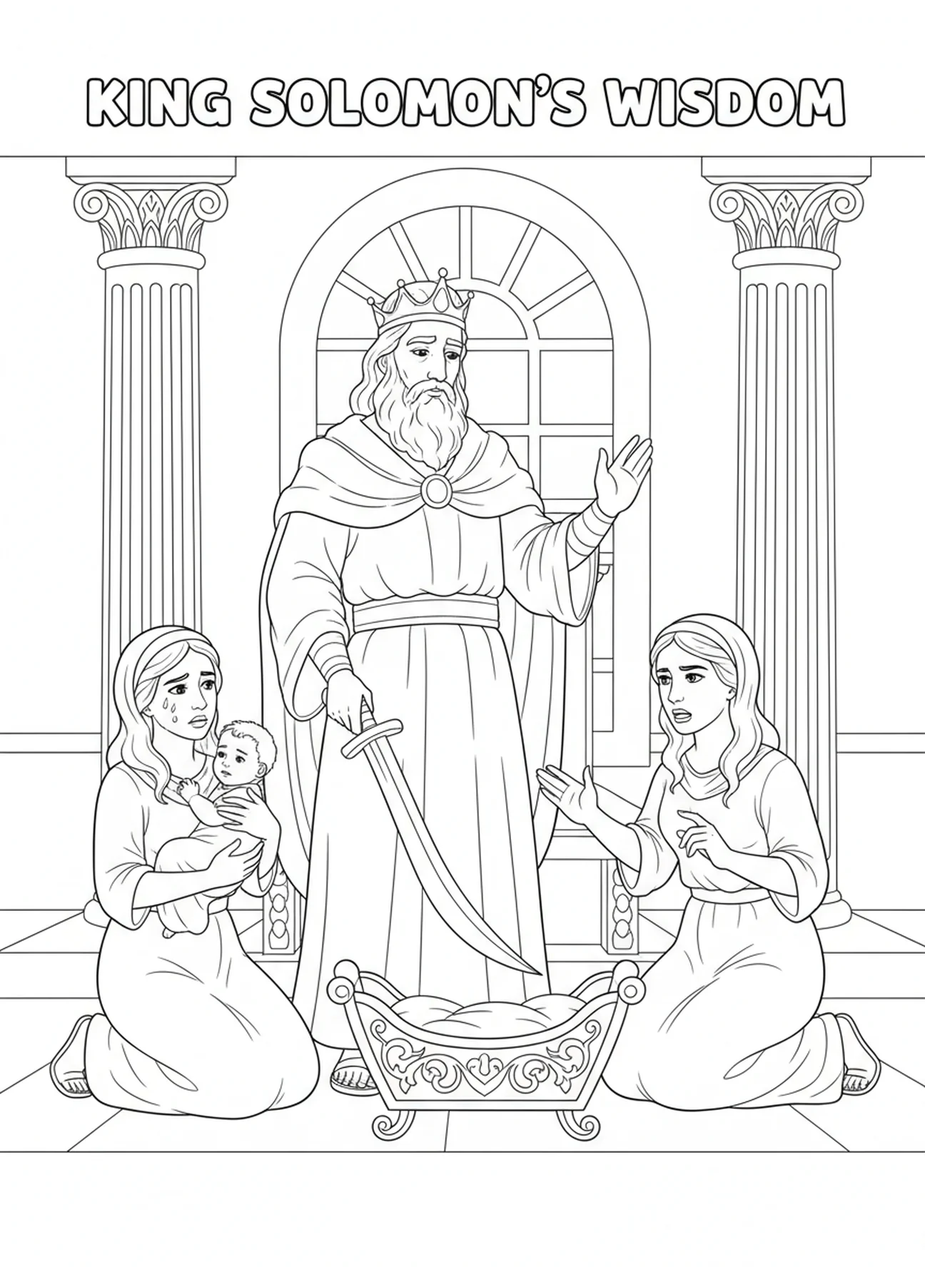 König Salomo mit Schwert, Ausmalbild des Thrones der Weisheit Salomos für Kinder im Alter von 5-10 Jahren