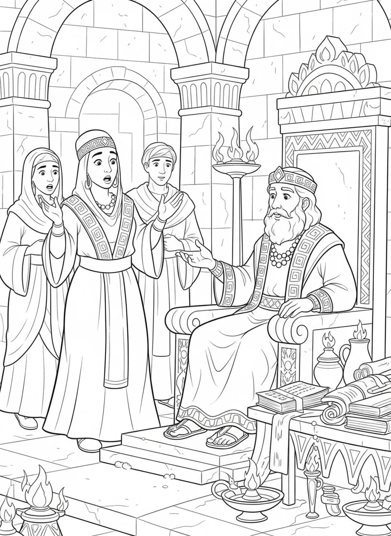 Königin in Ehrfurcht, Ausmalbild des Thrones der Weisheit Salomos für Sonntagsschulkinder im Alter von 5-12 Jahren.