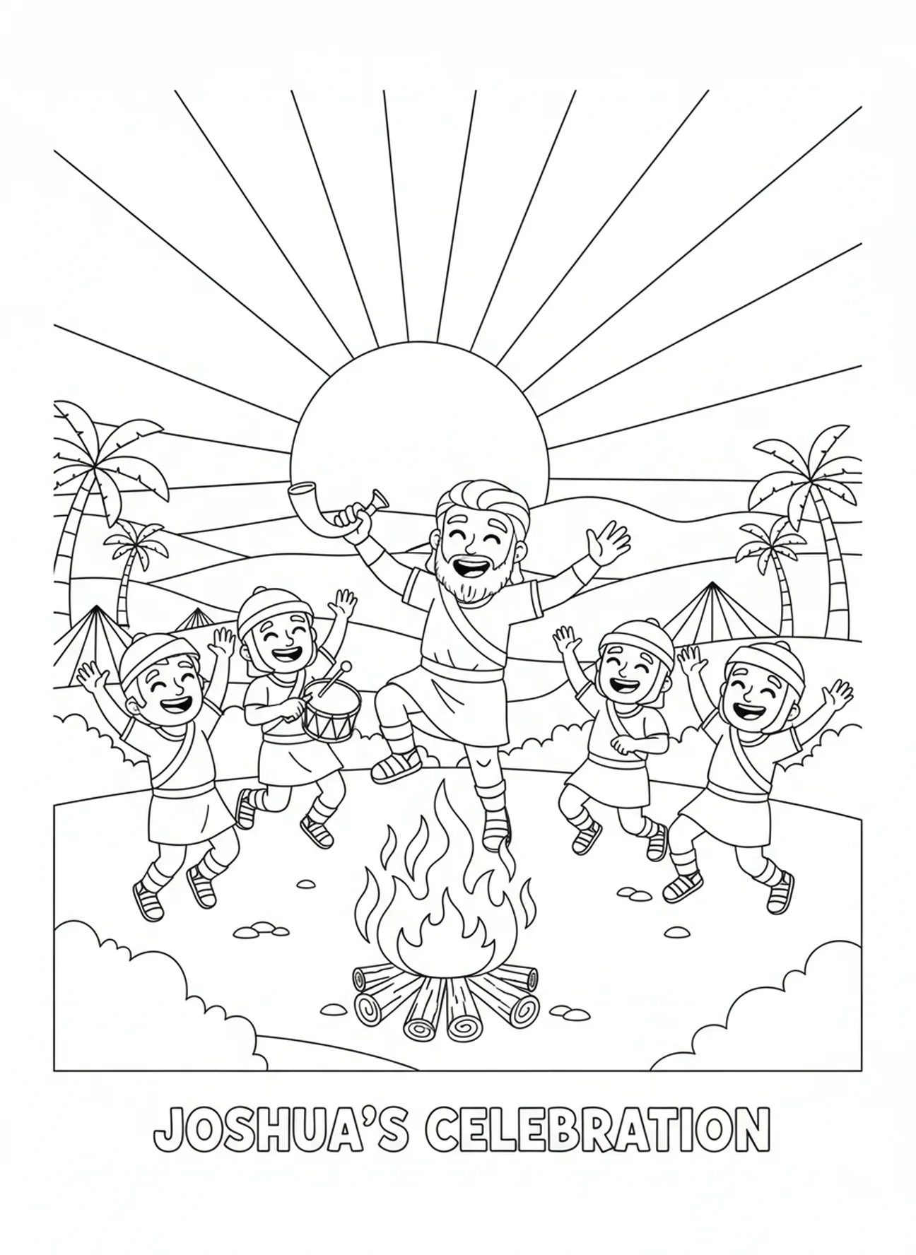 Célébration après la bataille, page à colorier du soleil qui s'arrête pour les enfants de 5 à 10 ans