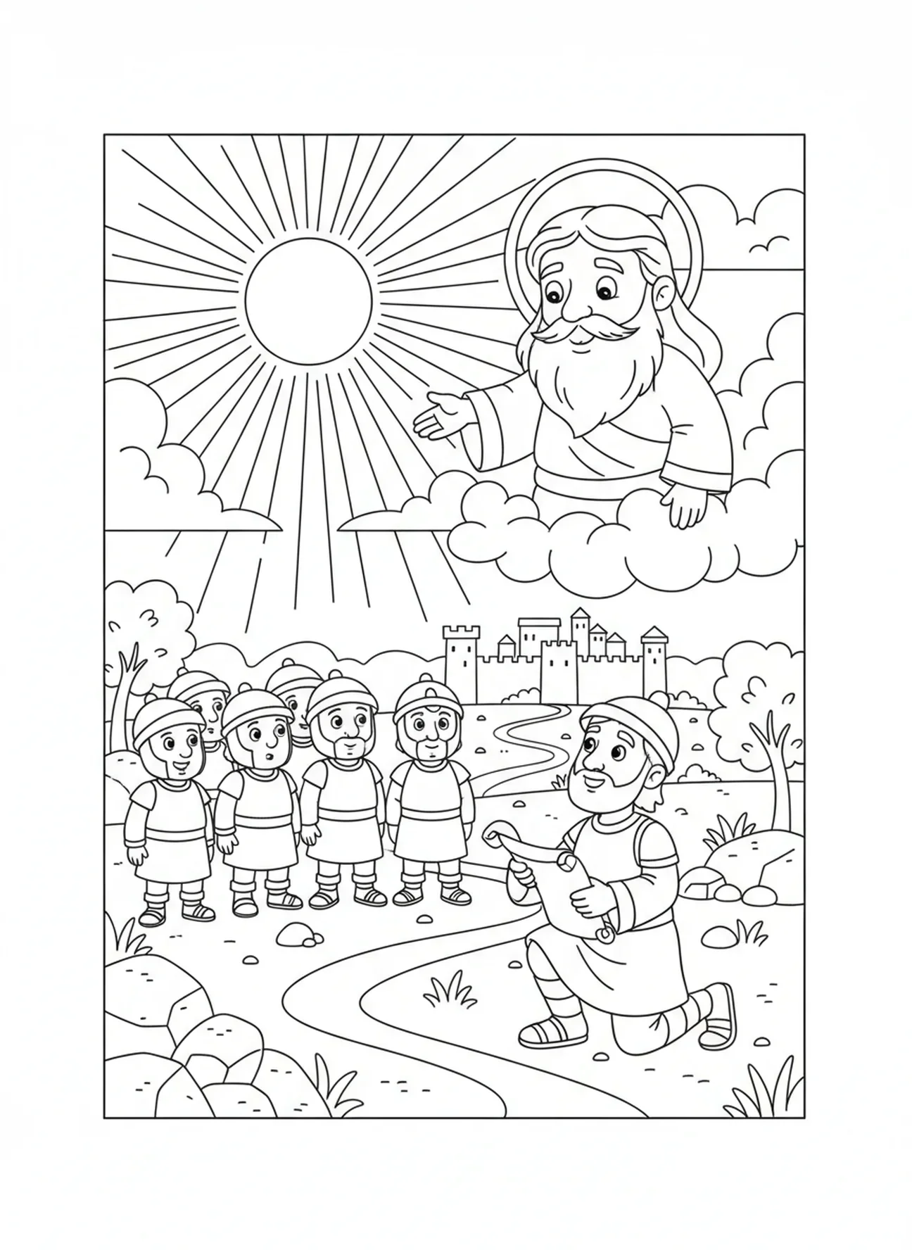 Dieu donnant des commandements, page à colorier 'Le soleil s'arrête' pour les enfants de 5 à 10 ans