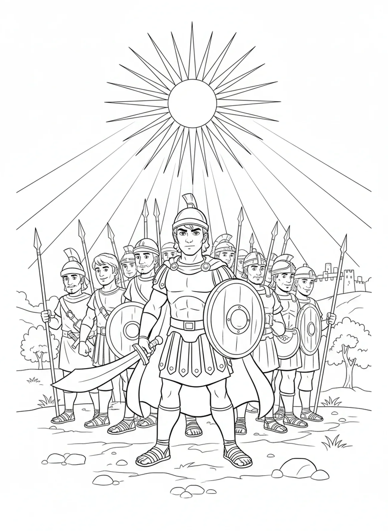 Josué avec des soldats, page à colorier du soleil qui s'arrête pour les enfants de 5 à 10 ans
