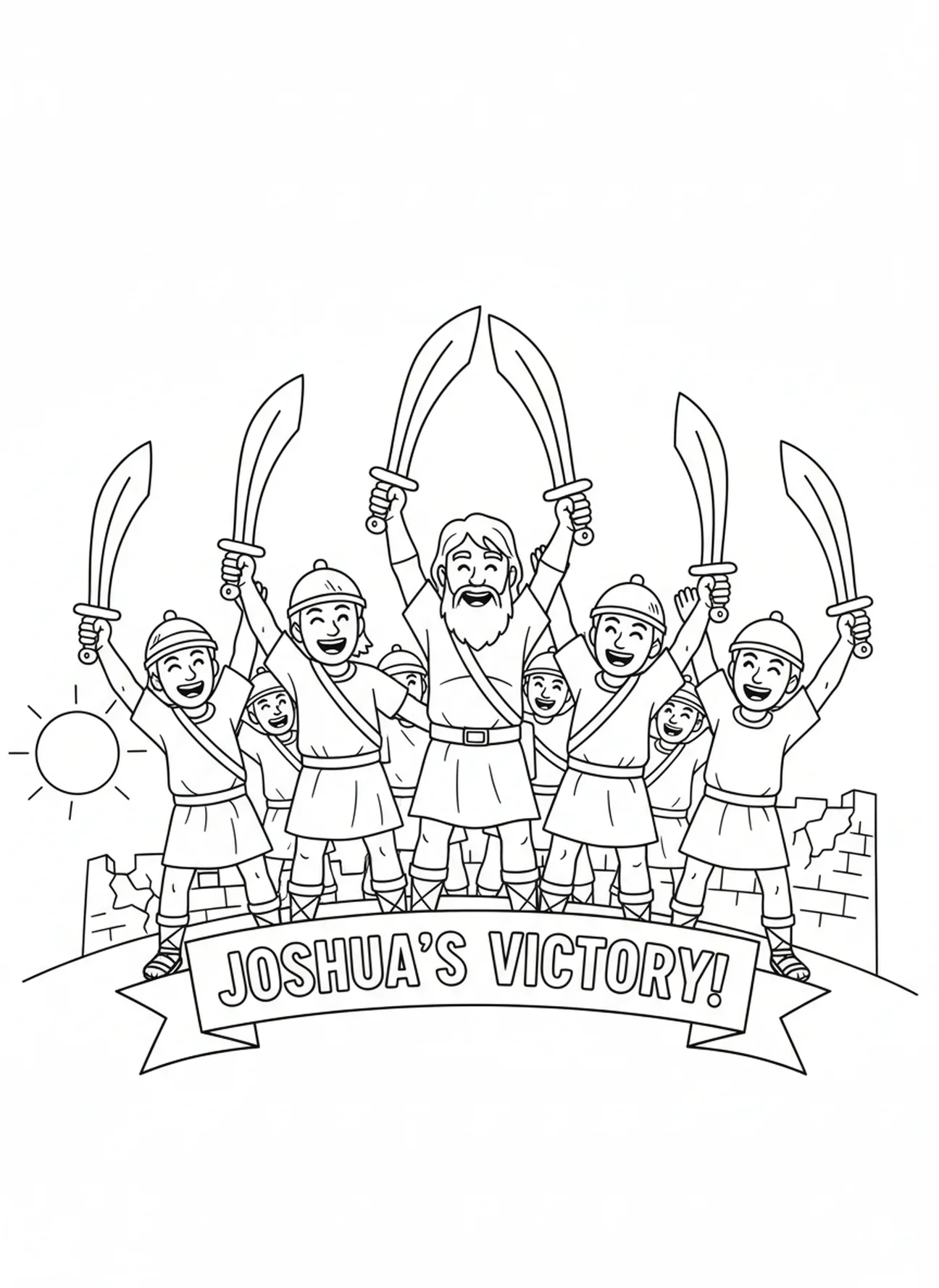 Josué victorieux, page à colorier du Soleil arrêté pour les enfants de 5 à 10 ans