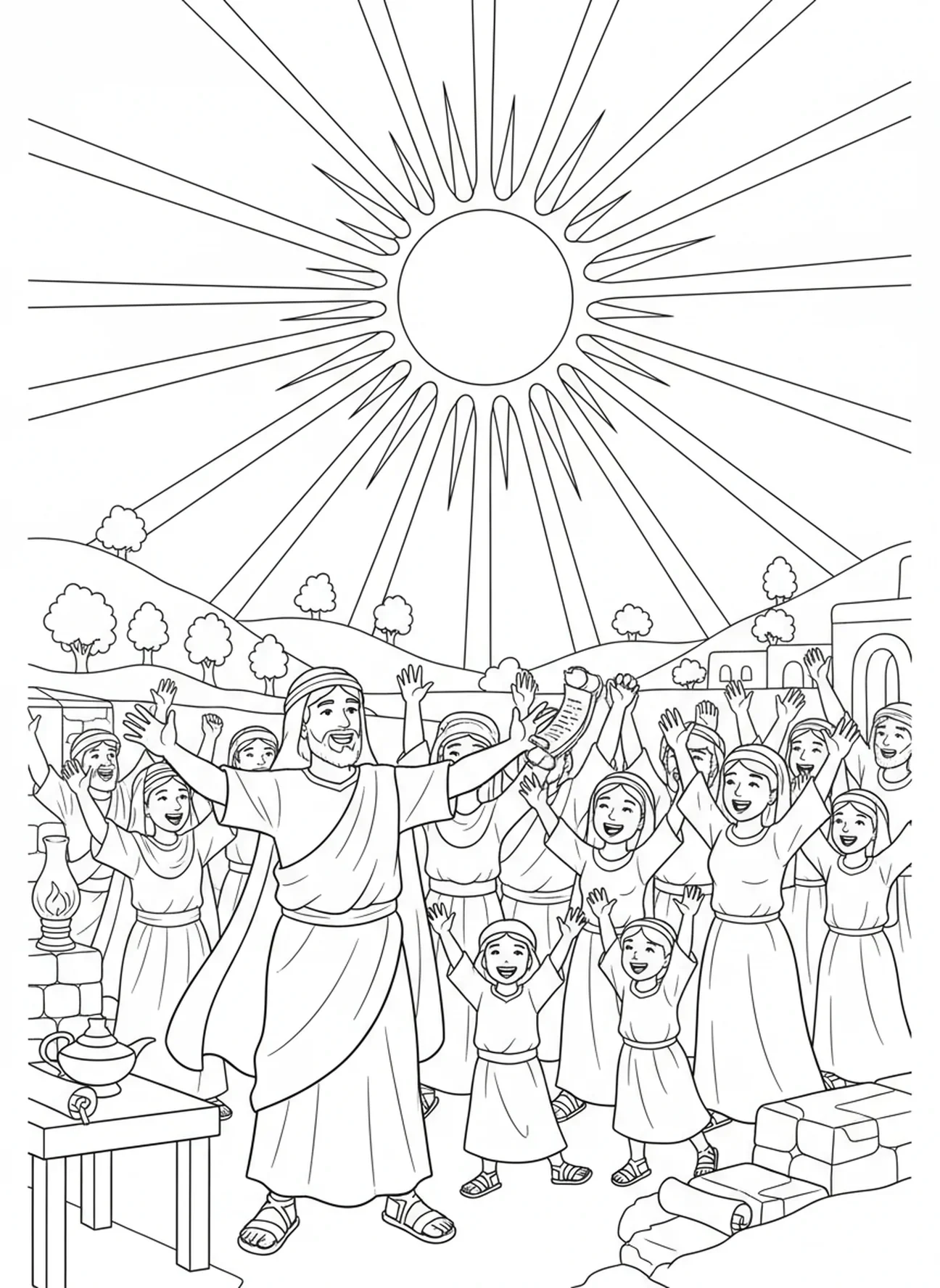 Die Sonne bleibt am Himmel stehen, Ausmalbild für die Sonntagsschule für Kinder im Alter von 5-12 Jahren.