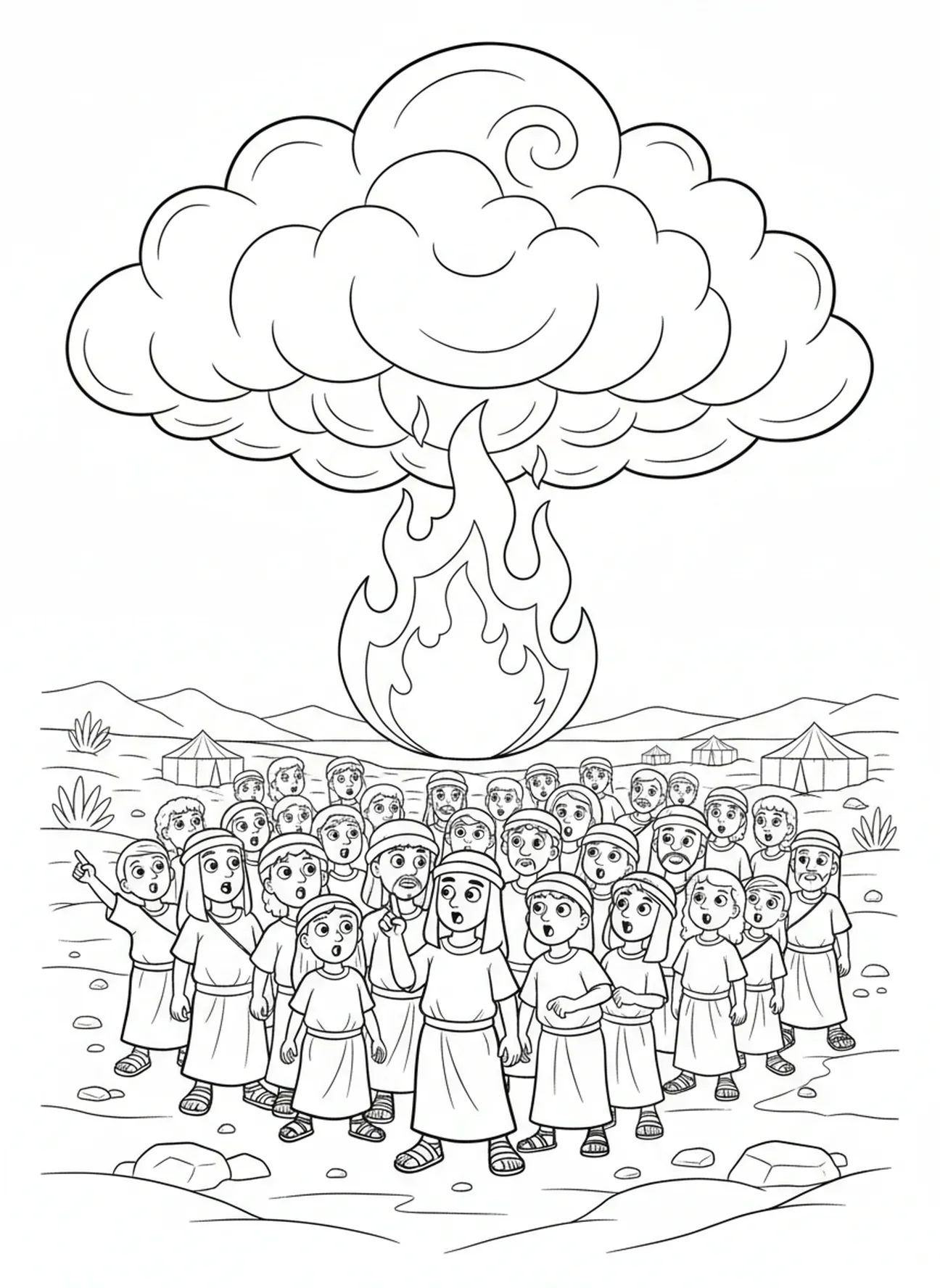 Página para colorear de la nube y el fuego guiando, Tabernáculo en el desierto para niños de 5 a 10 años.