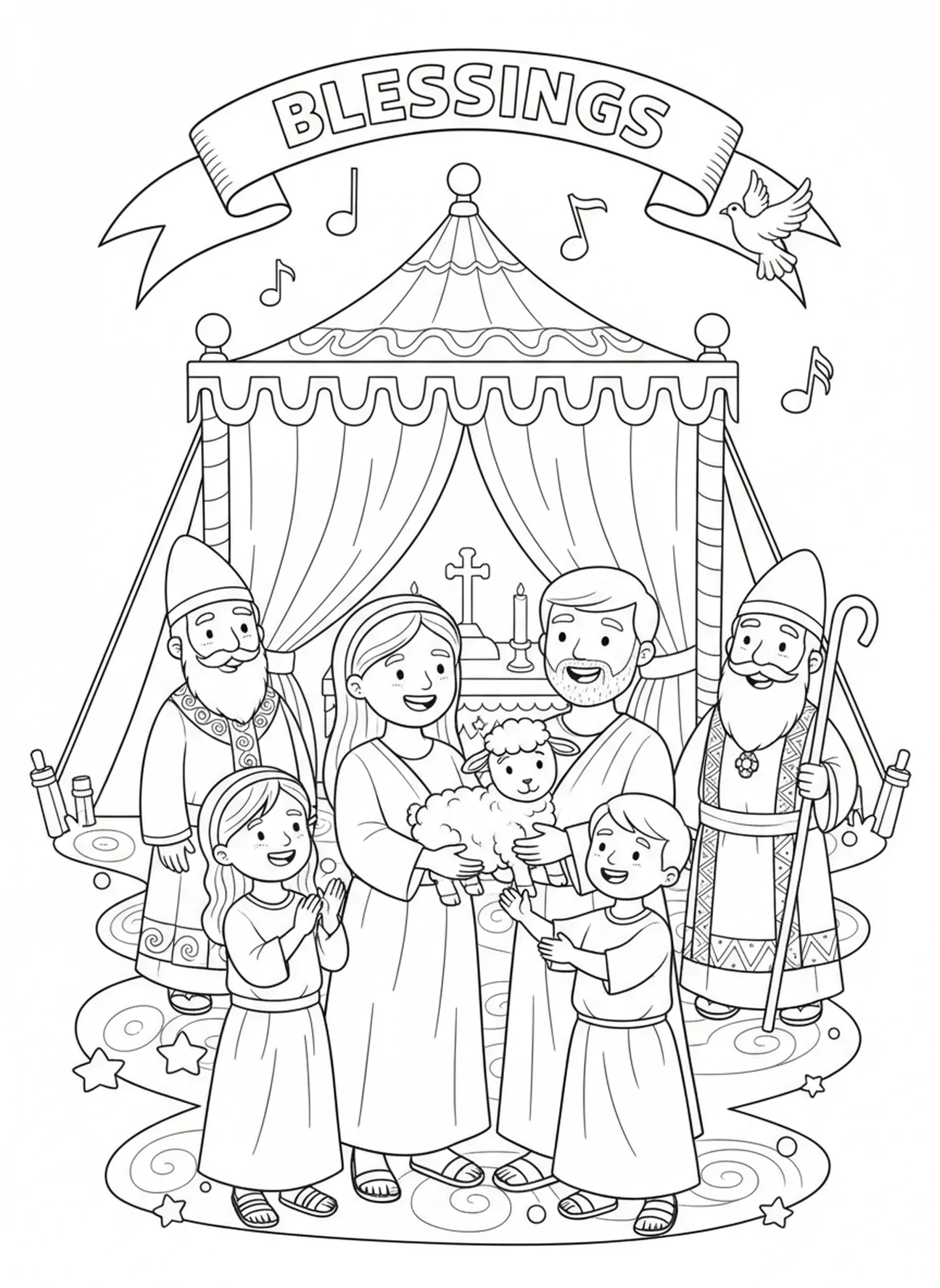 Familia ofreciendo un cordero en el Tabernáculo, página para colorear del Tabernáculo en el desierto para niños de 5 a 10 años.