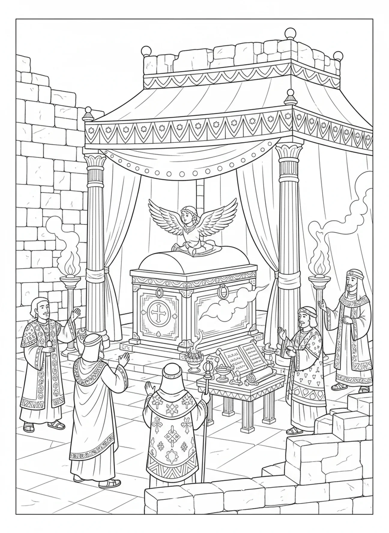 Arca da Aliança dentro do Tabernáculo, página para colorir do Tabernáculo para crianças da Escola Dominical de 5 a 12 anos.