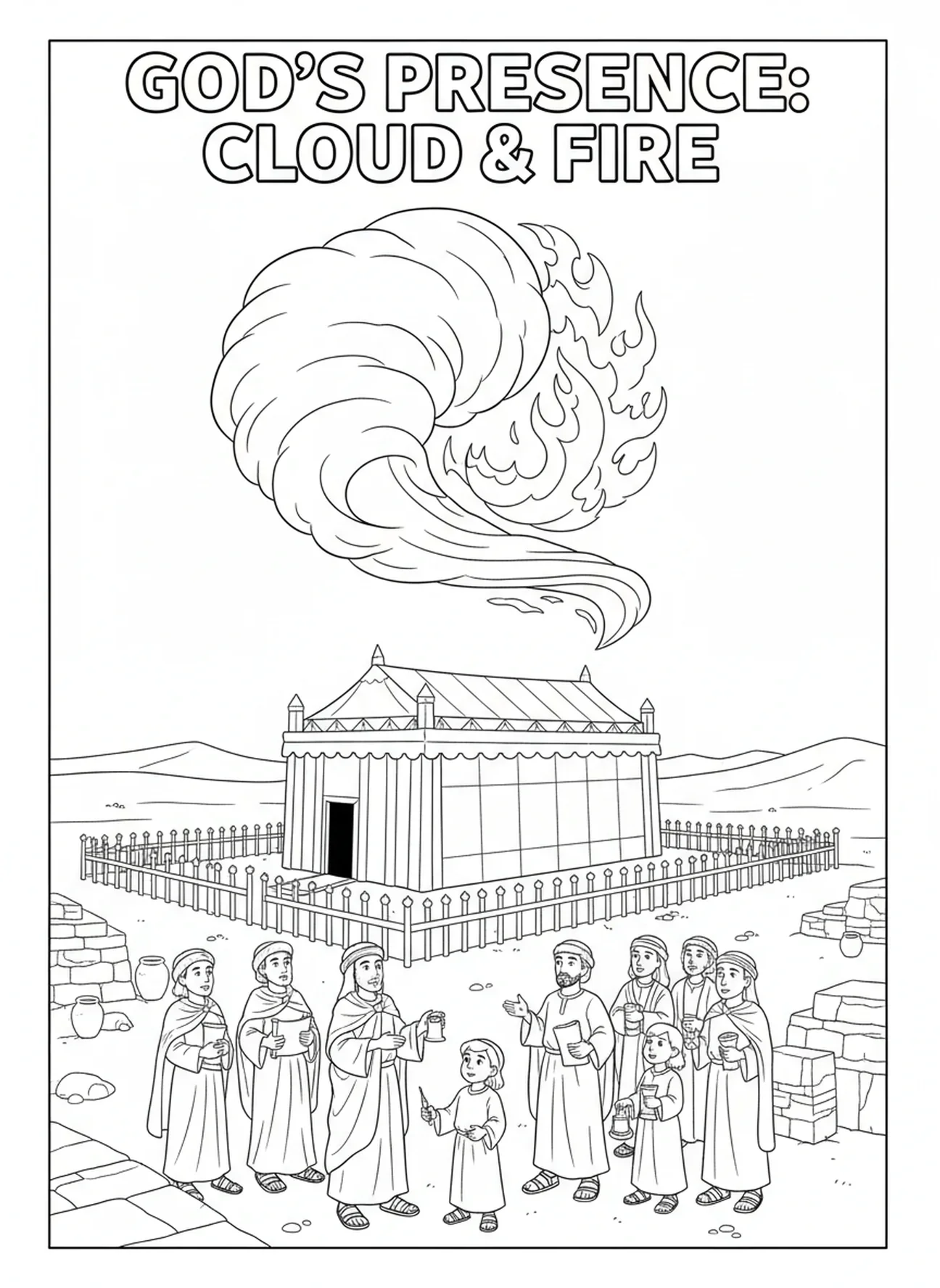 Nuvem e fogo sobre o Tabernáculo, página de colorir do Tabernáculo para crianças da Escola Dominical de 5 a 12 anos.