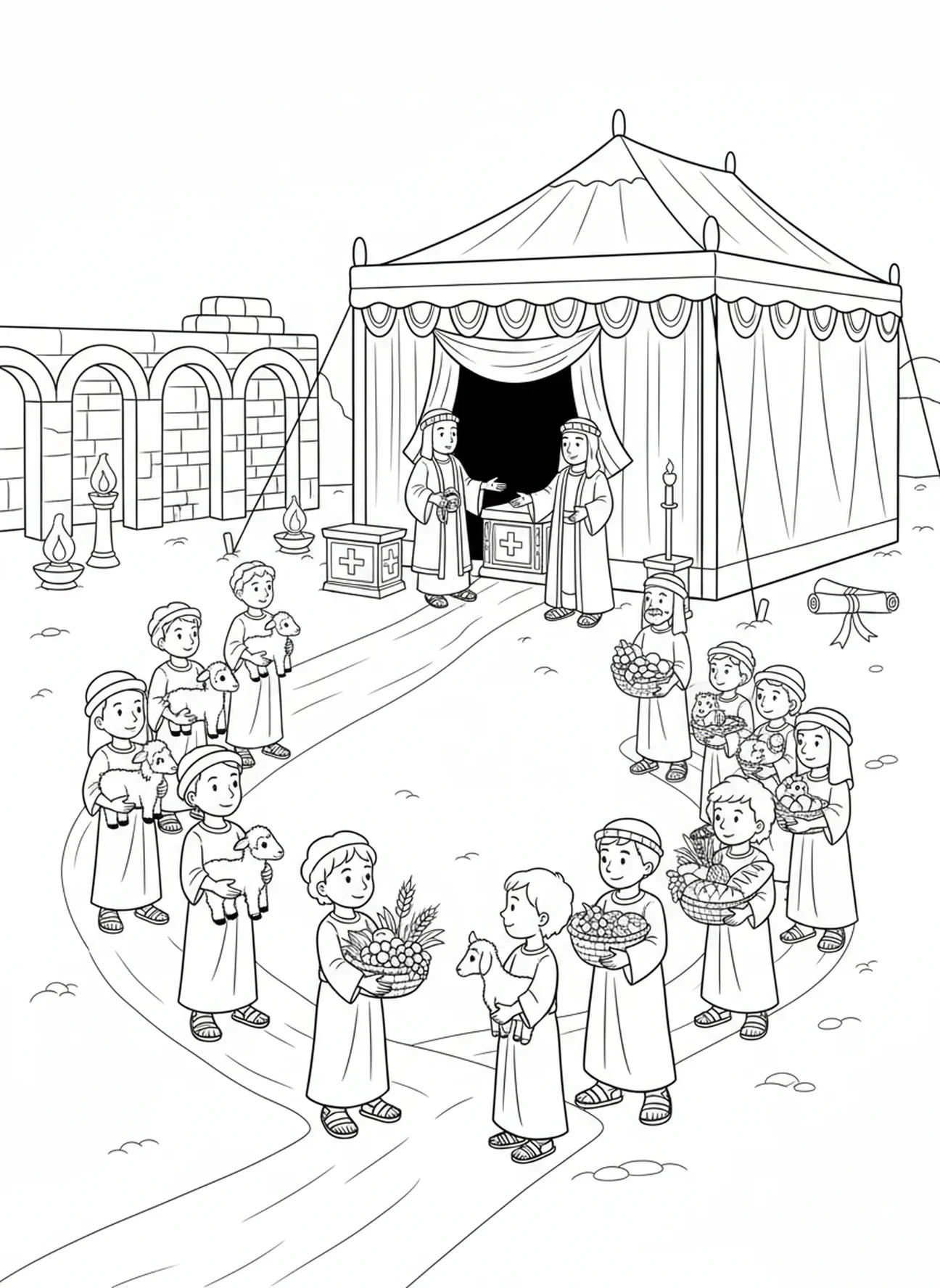 Israelitas oferecendo sacrifícios, página para colorir do Tabernáculo para crianças da Escola Dominical de 5 a 12 anos.