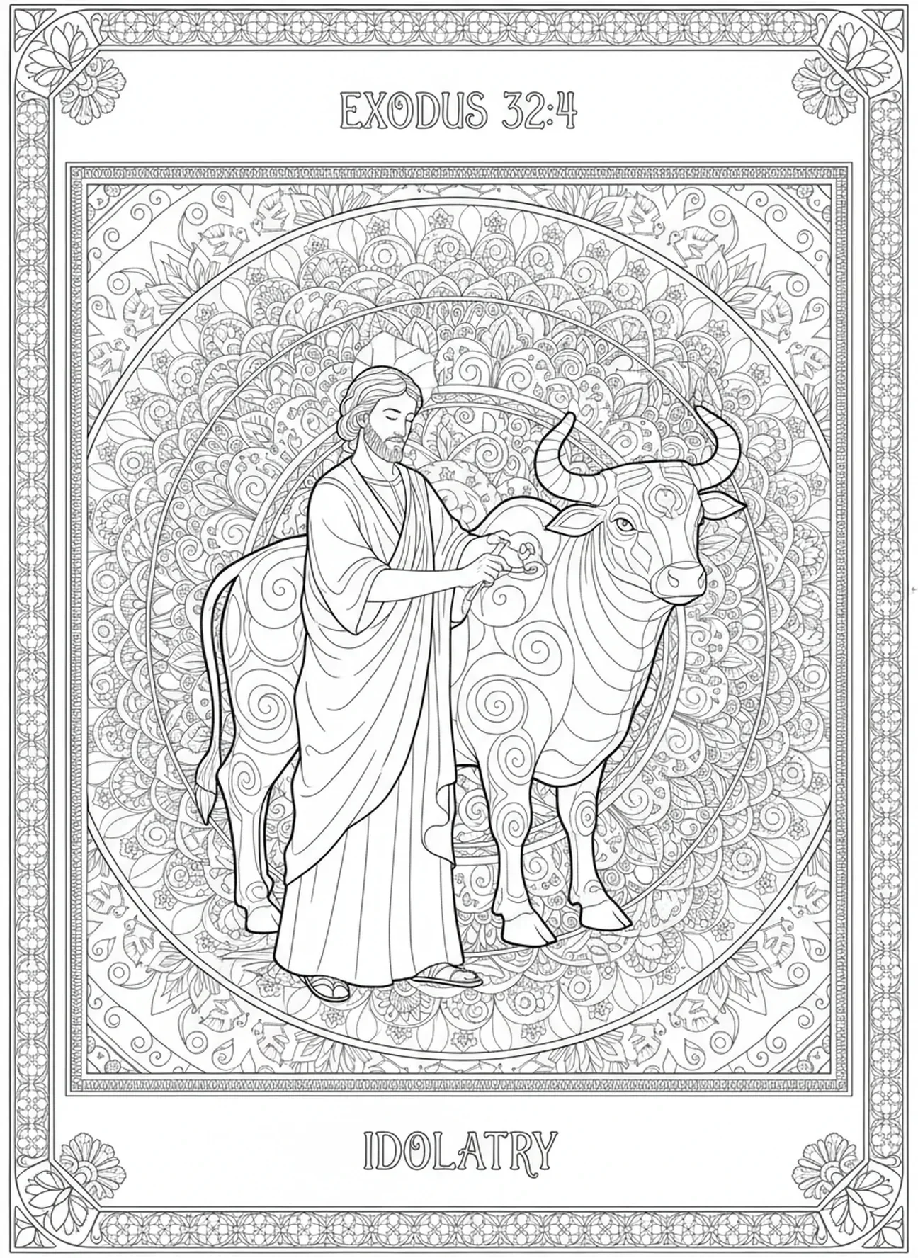 Aaron, der das Idol schafft, Ausmalbild der Zehn Gebote mit dem goldenen Kalb für Erwachsene im Bibel-Journaling-Stil