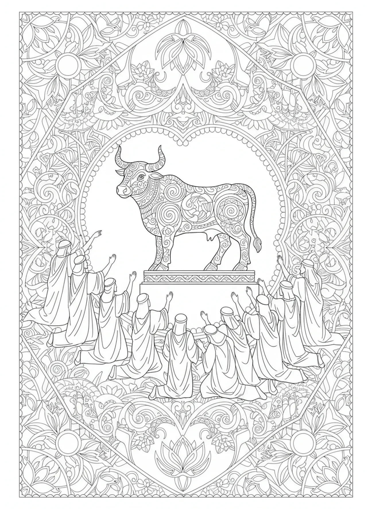 Israeliten verehren das Idol, Ausmalbild der Zehn Gebote mit dem goldenen Kalb für Erwachsene im Stil des Bibel-Journalings