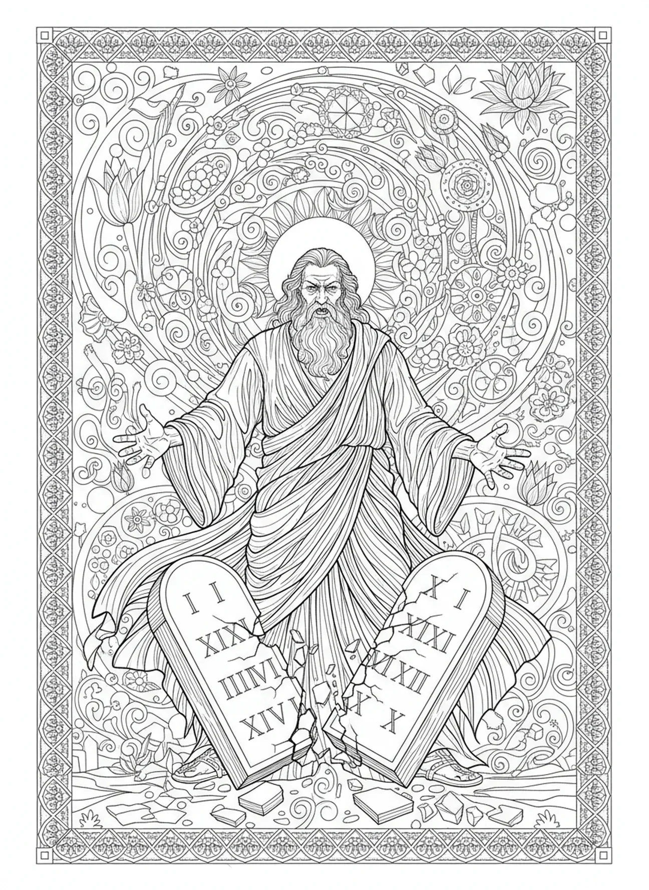 Moses zerbricht die Tafeln, Ausmalbild der Zehn Gebote und des Goldenen Kalbes für Erwachsene im Bibel-Journaling-Stil