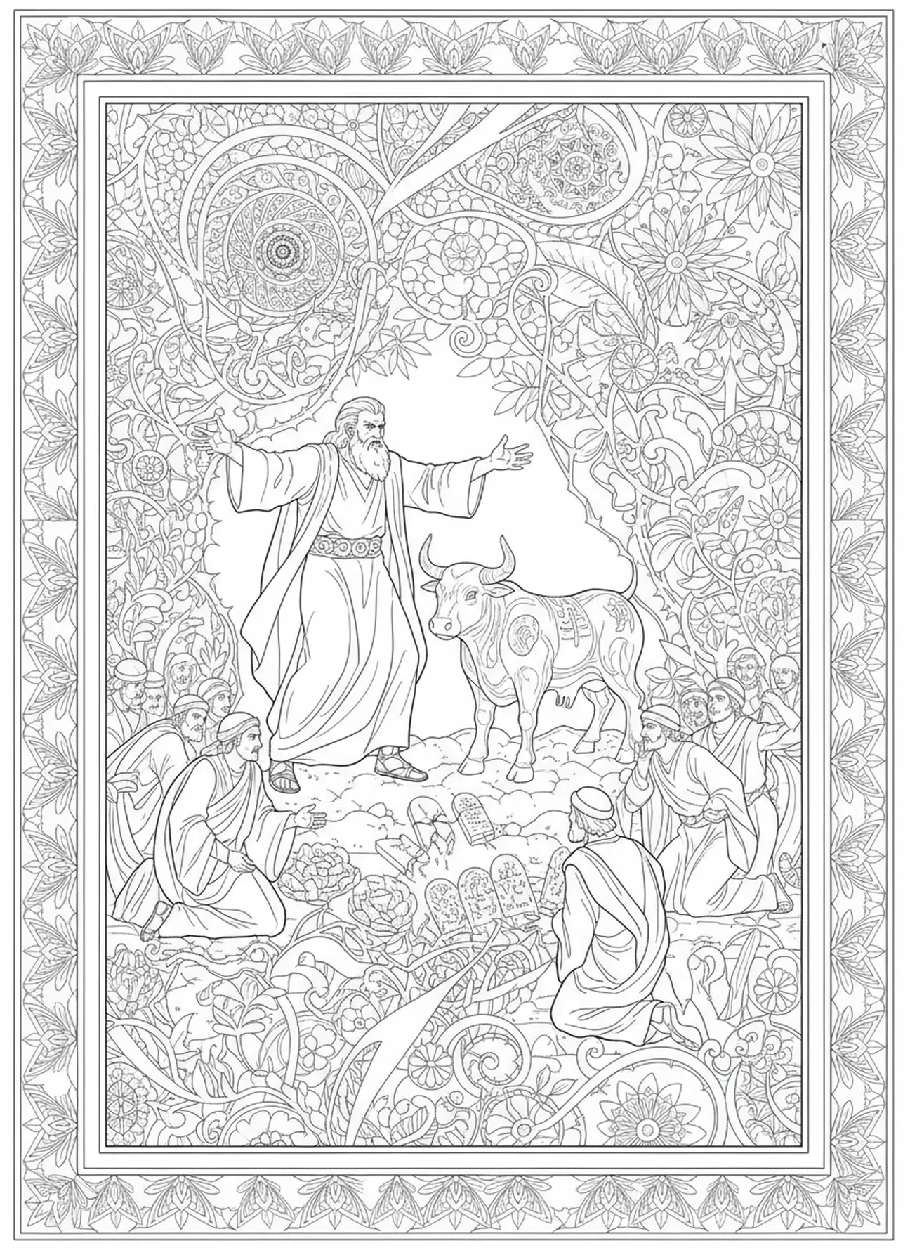 Moses konfrontiert die Menge, Zehn Gebote Goldenes Kalb Idol Ausmalbild für Erwachsene im Bibel-Journaling-Stil