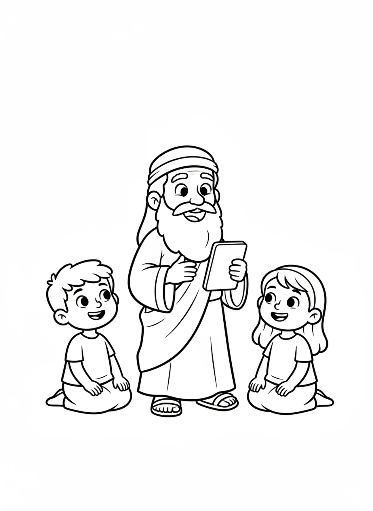Moisés sorridente conversando com personagens, página de colorir dos Dez Mandamentos para crianças de 3 a 5 anos.