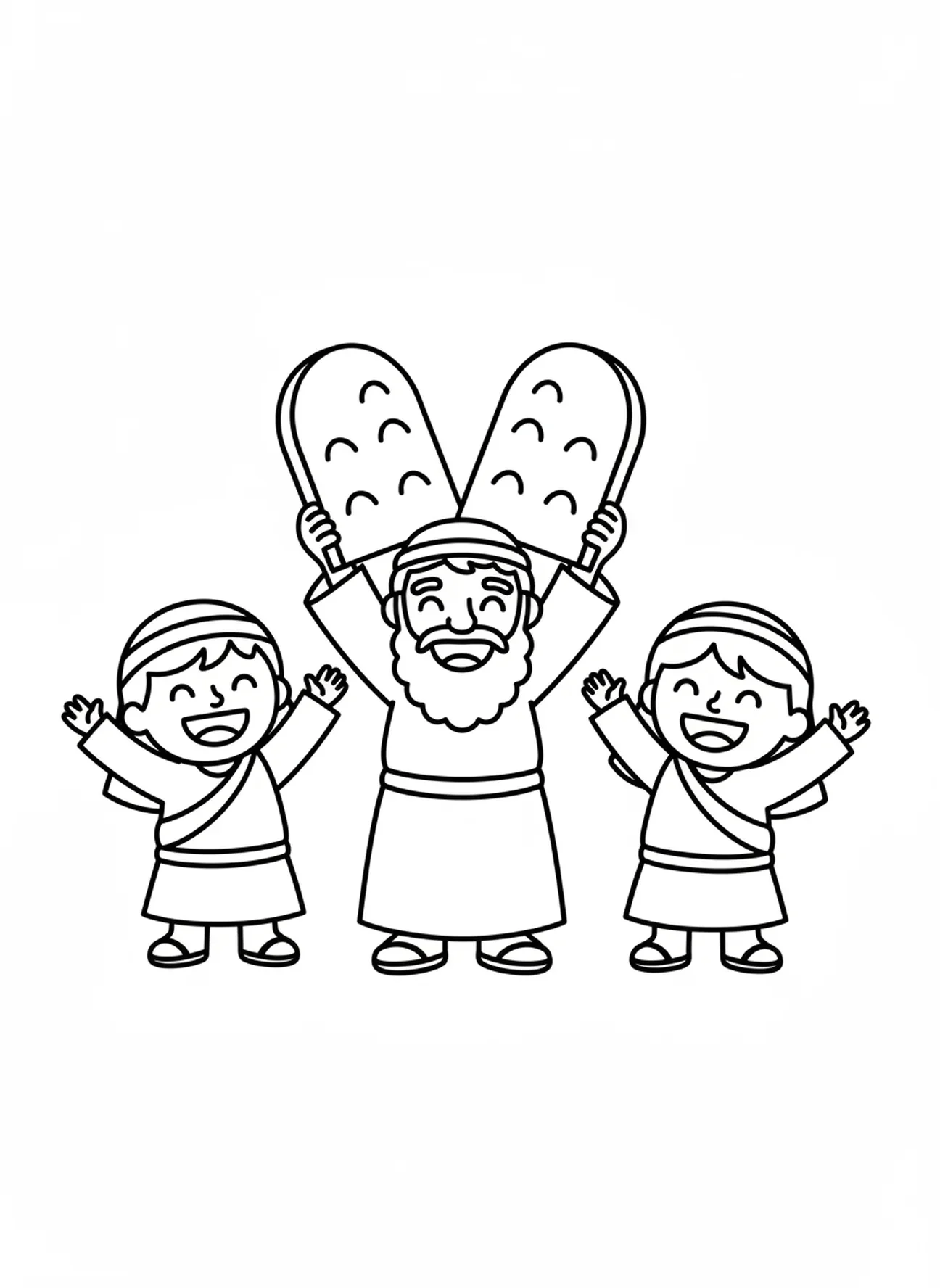 Duas personagens sorridentes recebendo os mandamentos, página de colorir dos Dez Mandamentos para crianças de 3 a 5 anos.