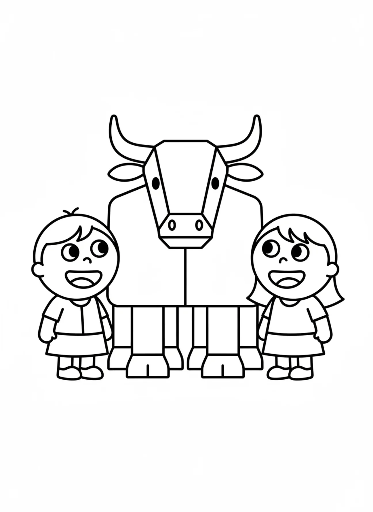 Duas personagens sorridentes adorando um ídolo, página para colorir dos Dez Mandamentos para crianças de 3 a 5 anos.