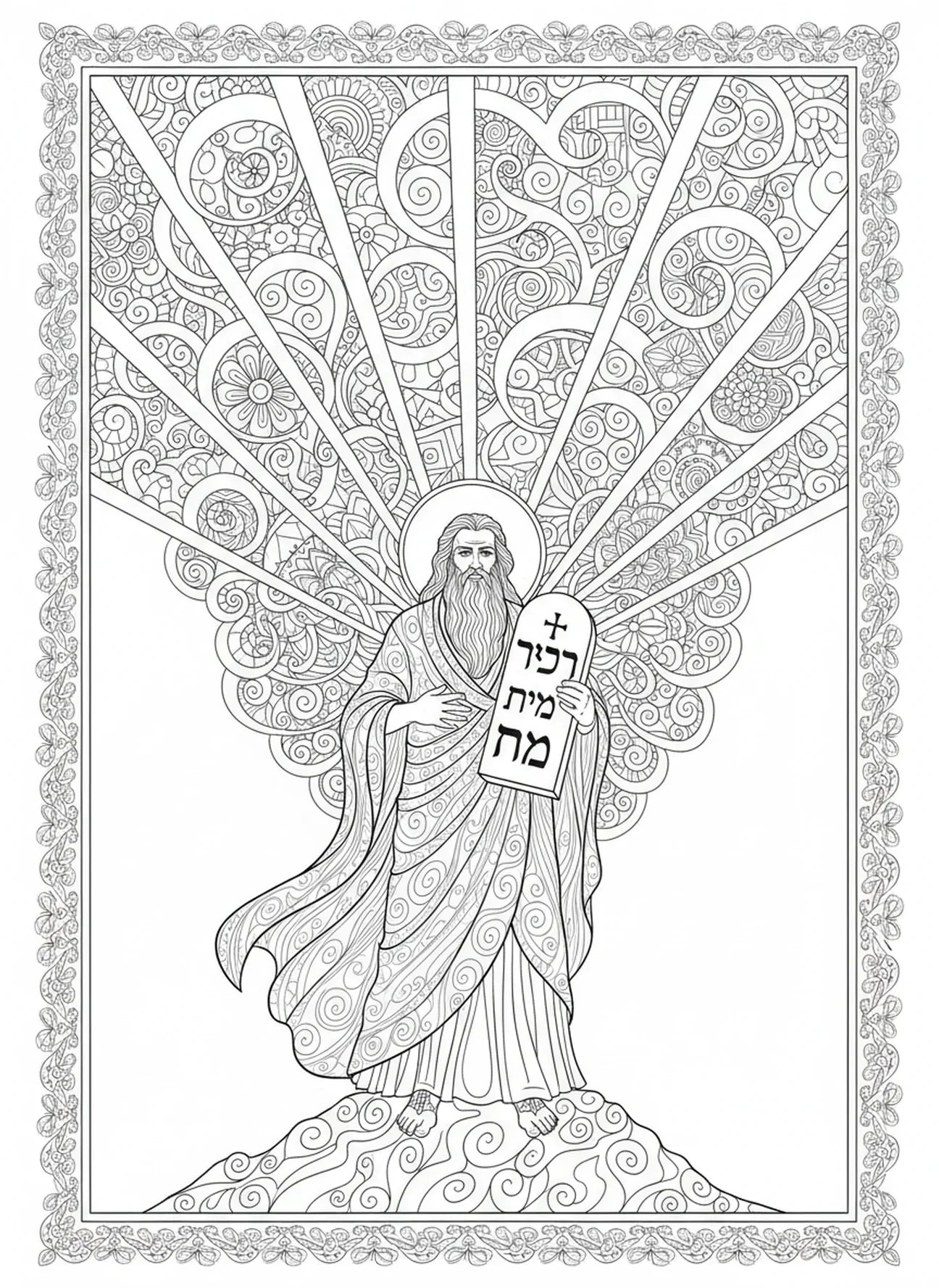 Moses hält Steintafeln, Ausmalbild der Zehn Gebote für Erwachsene im Stil des Bibel-Journalings.