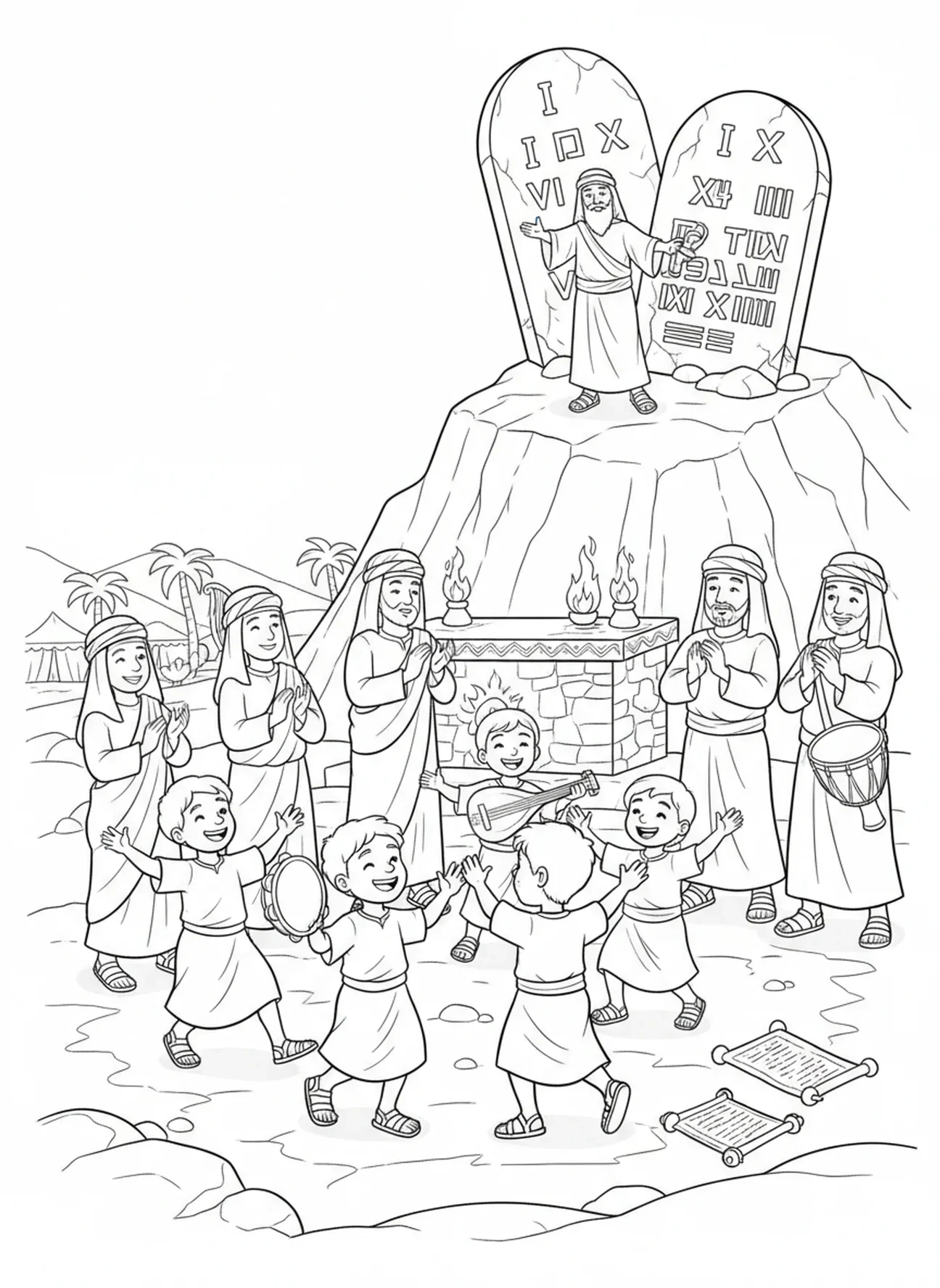 Israelitas celebrando, página para colorir com a lista dos Dez Mandamentos para crianças da Escola Dominical de 5 a 12 anos.