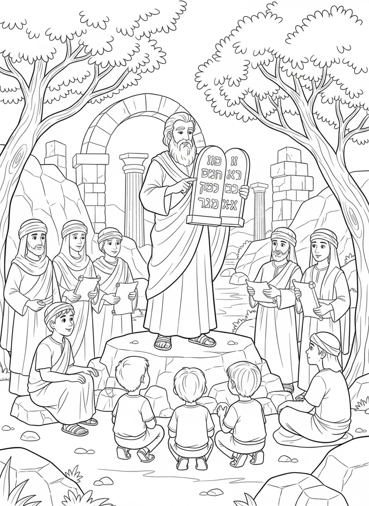 Moisés ensinando os mandamentos, página para colorir com a lista dos Dez Mandamentos para crianças da Escola Dominical de 5 a 12 anos.