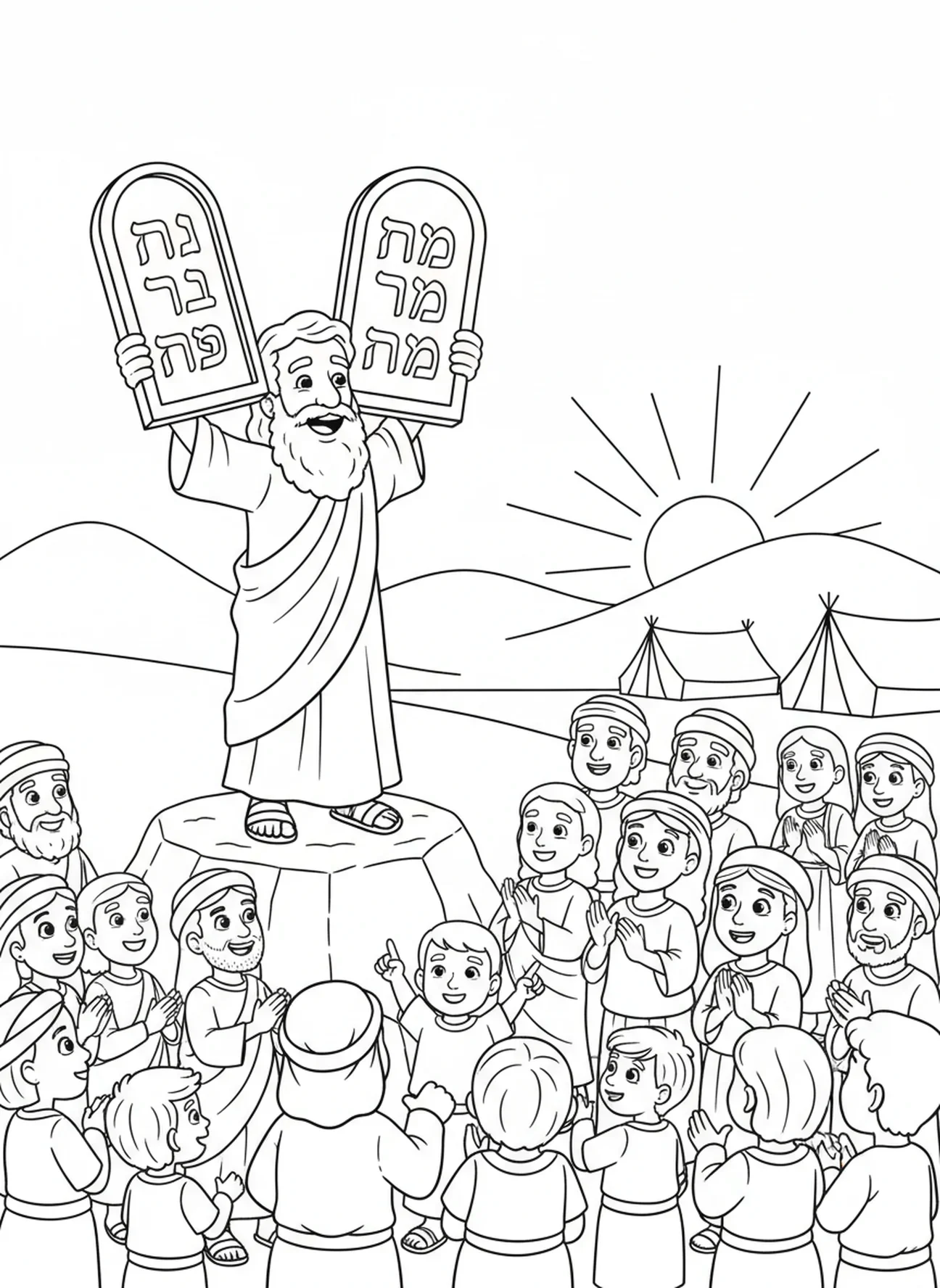 Moisés pregando os mandamentos, página de colorir dos Dez Mandamentos com Moisés segurando as tábuas para crianças de 5 a 10 anos.
