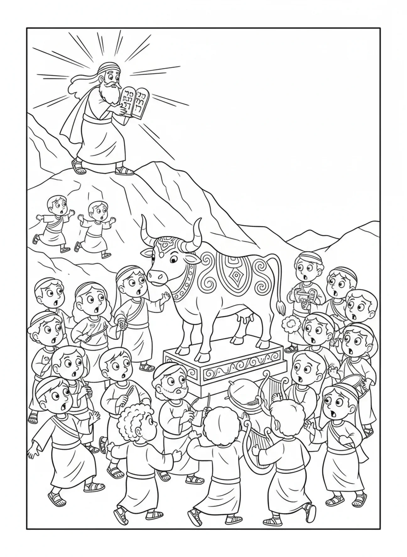 Grupo de pessoas adorando o bezerro de ouro, Moisés segurando as Tábuas dos Dez Mandamentos, página para colorir para crianças de 5 a 10 anos.