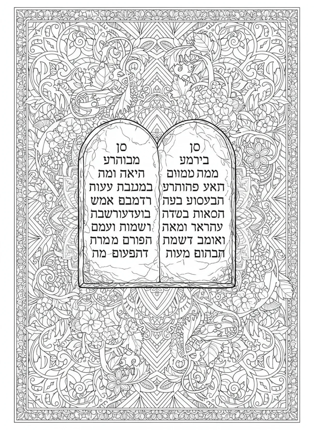 Nahaufnahme von Steintafeln mit den Geboten, Zehn Gebote Mt Sinai Blitz Ausmalbild für Erwachsene im Stil des Bibeljournaling.