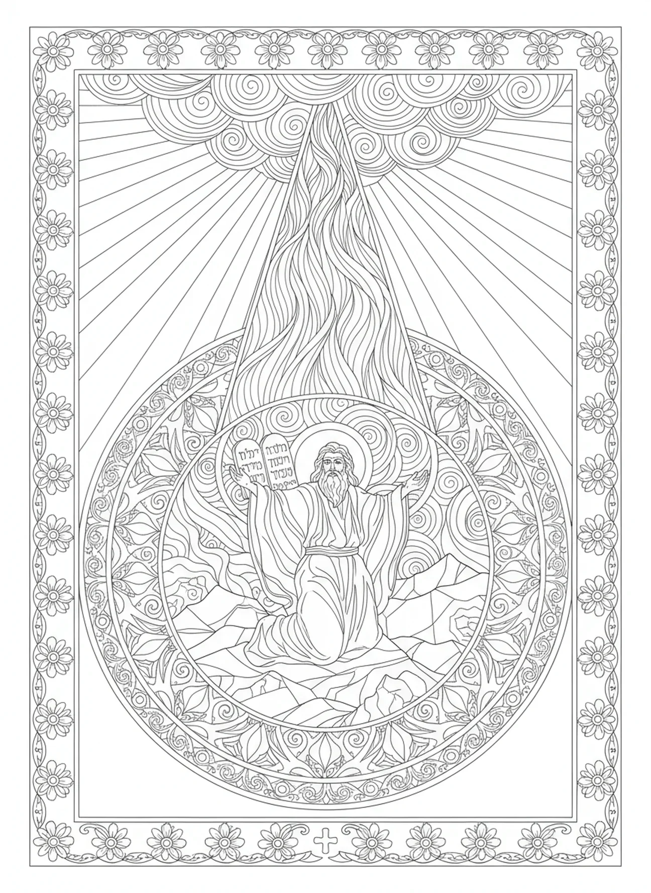 Strahlendes Licht erleuchtet Mose, Zehn Gebote Mt. Sinai Donner Ausmalbild für Erwachsene im Bibel-Journaling-Stil.