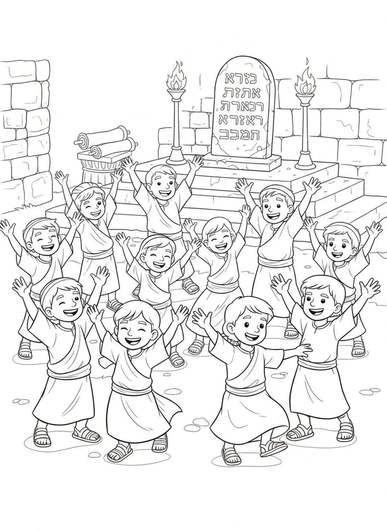 Israélites célébrant joyeusement, page à colorier des Dix Commandements au Mont Sinaï pour les enfants de l'École du dimanche âgés de 5 à 12 ans.
