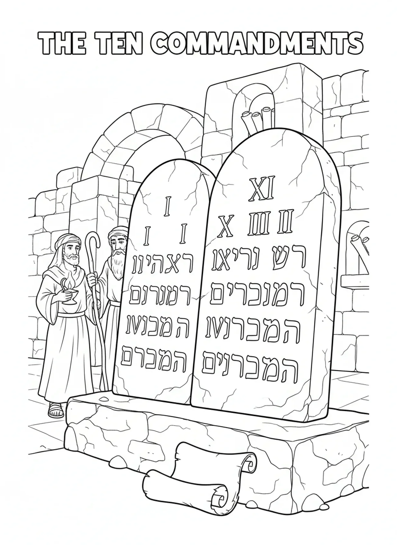 Gros plan sur des tablettes de pierre avec des inscriptions, coloriage des Dix Commandements au Mont Sinaï pour les enfants de l'École du dimanche âgés de 5 à 12 ans.