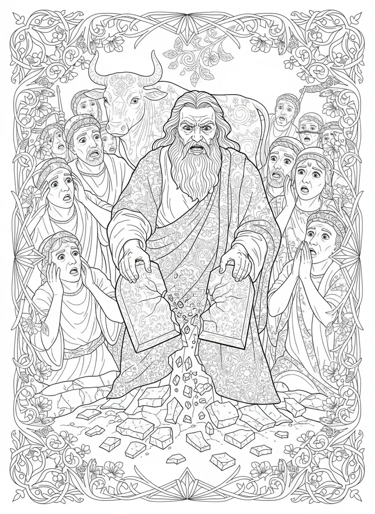 Moses lässt die Tafeln fallen, Zehn Gebote Menschen empfangen das Gesetz Ausmalbild für Erwachsene im Stil des Bibeljournalings.