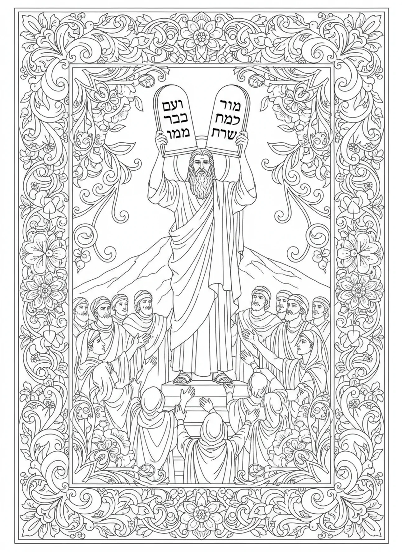 Mose präsentiert die Tafeln, Zehn Gebote Malvorlage für Erwachsene im Bibel-Journaling-Stil.