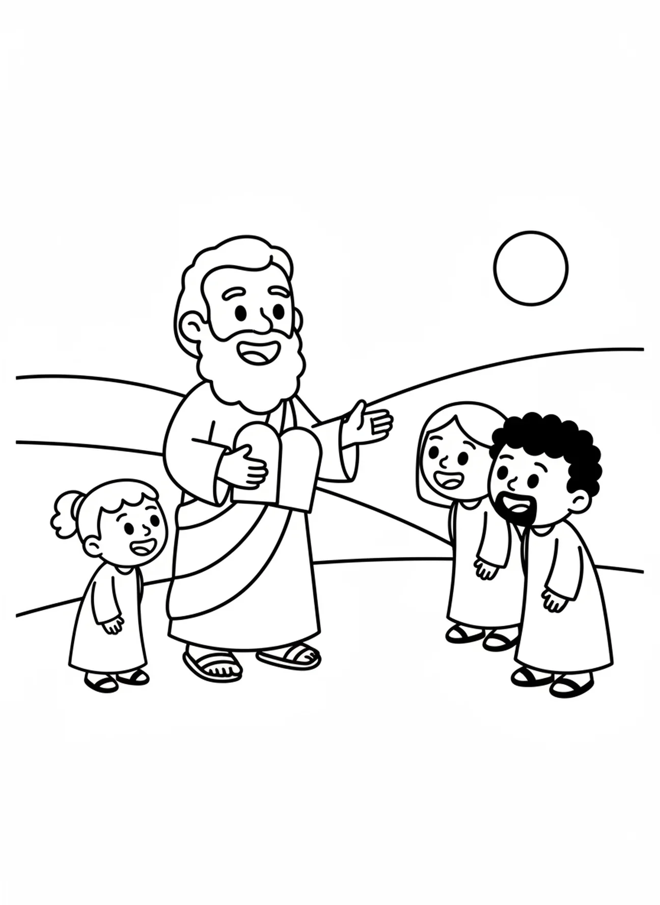 Moïse expliquant à des personnes souriantes, page à colorier des Dix Commandements pour les enfants d'âge préscolaire de 3 à 5 ans.